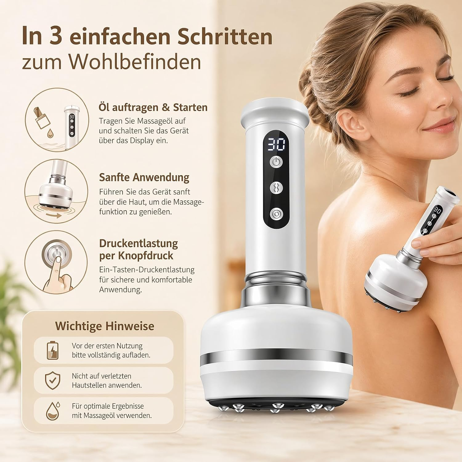 Eine Frau massiert ihren Rücken mit einem weißen, modernen Massagegerät, begleitet von Anleitungsschritten.
