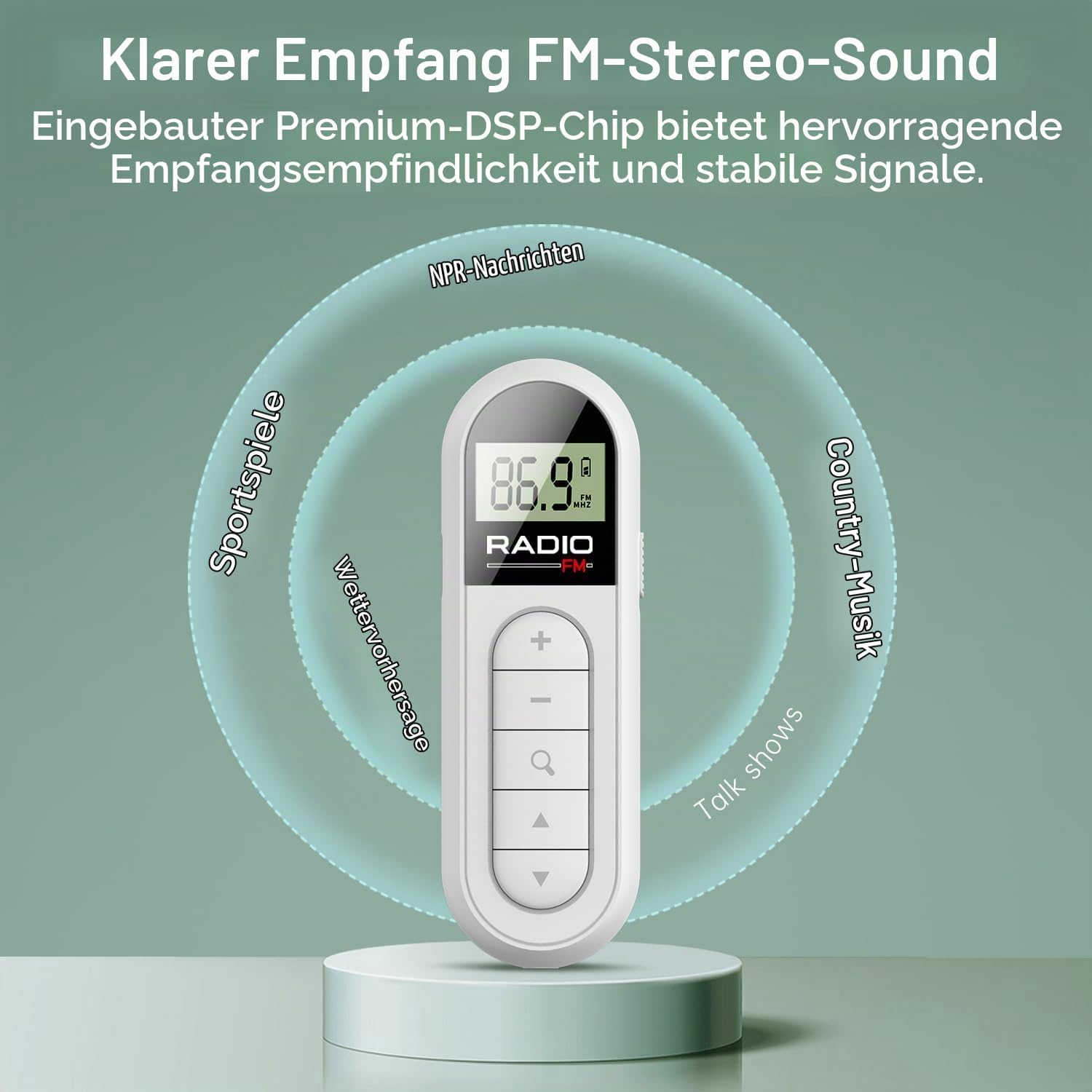 Weißes Taschenradio auf einem Podest, umgeben von geschwungenen Signalwellen und Texten.