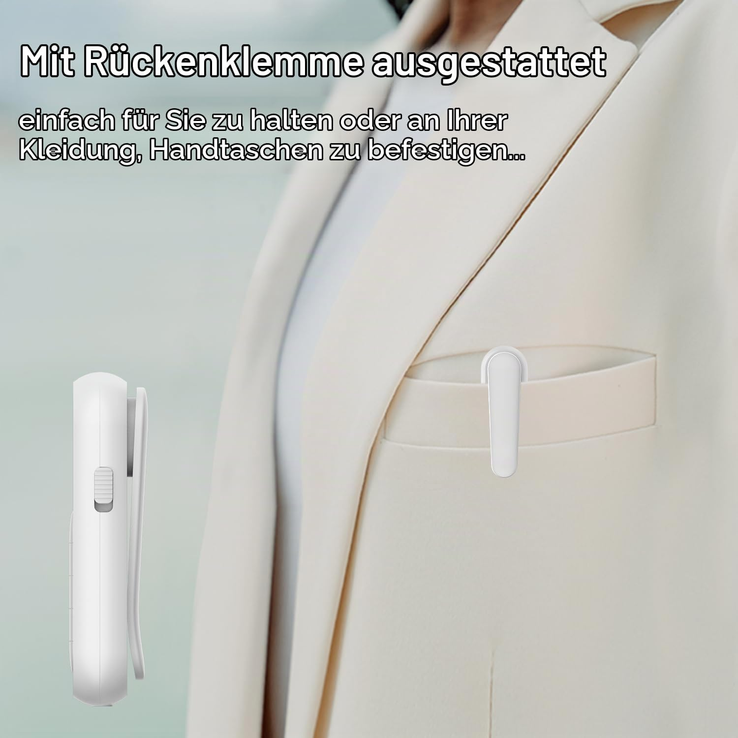 Ein weißes Gerät mit Rückenklammer an einer Blazer-Tasche, mit deutschem Text.