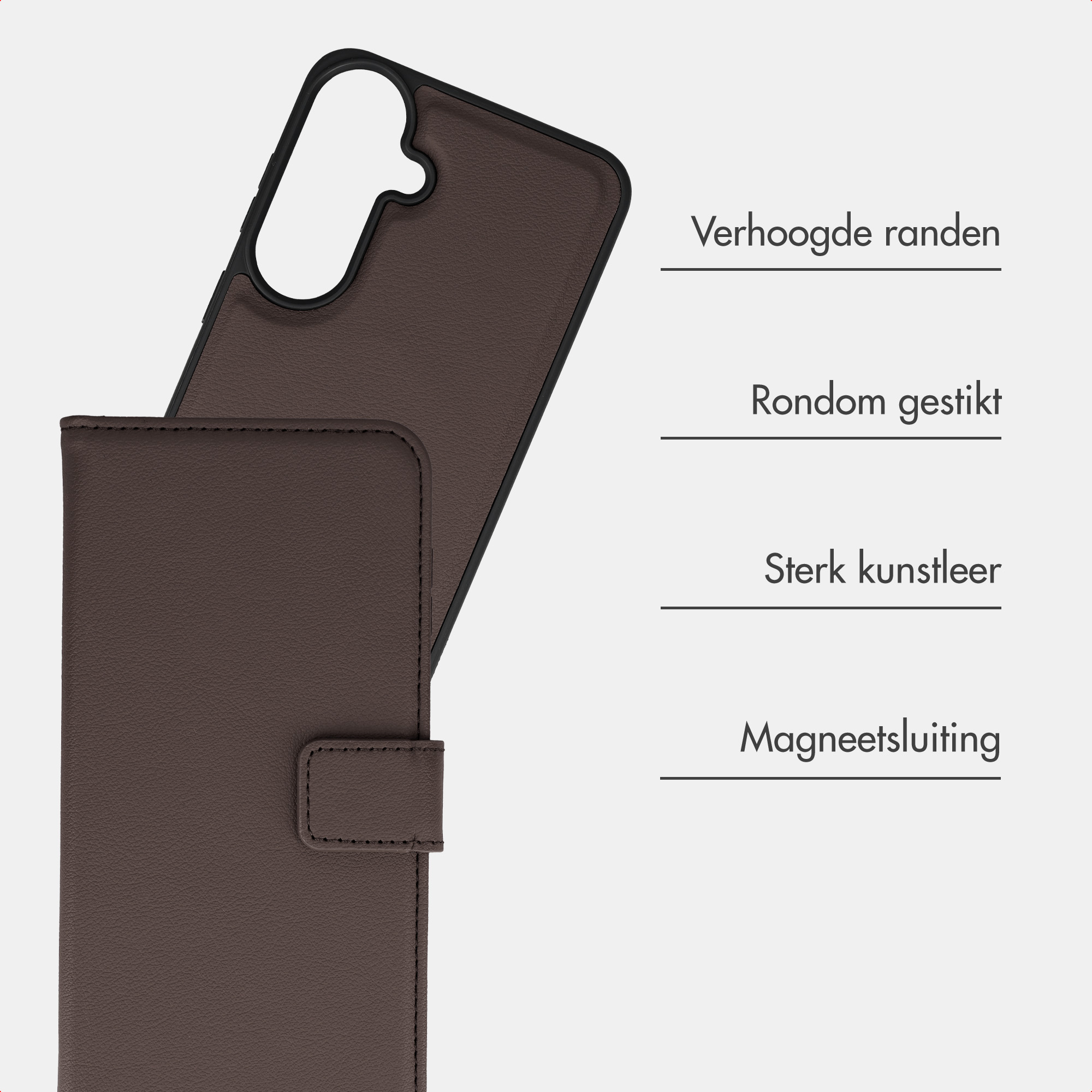 Braune Lederhülle mit Magnetverschluss und genähten Rändern auf hellem Hintergrund mit Text.