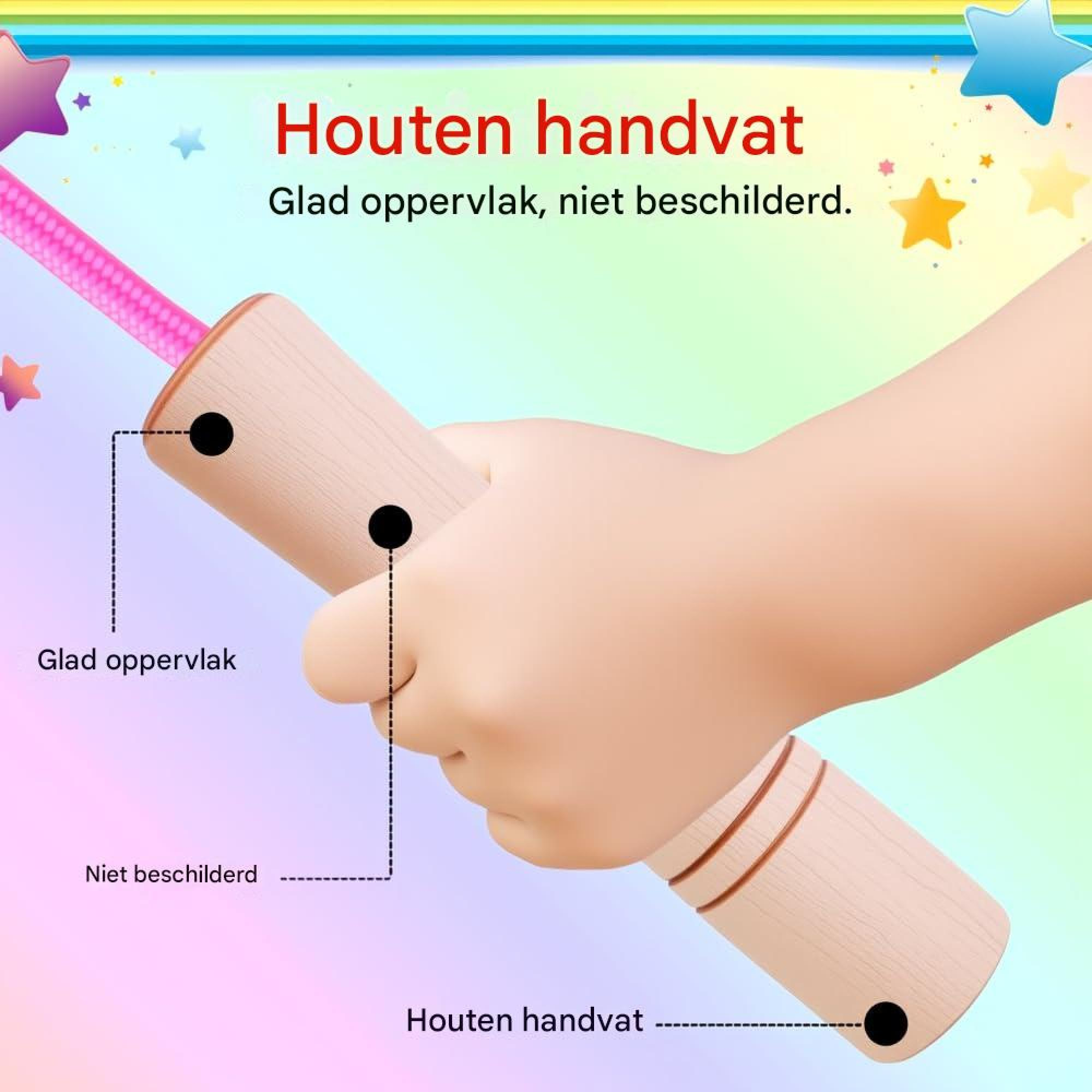 Eine Hand hält den glatten, unbemalten Holzgriff eines pinken Seils vor einem bunten Hintergrund.