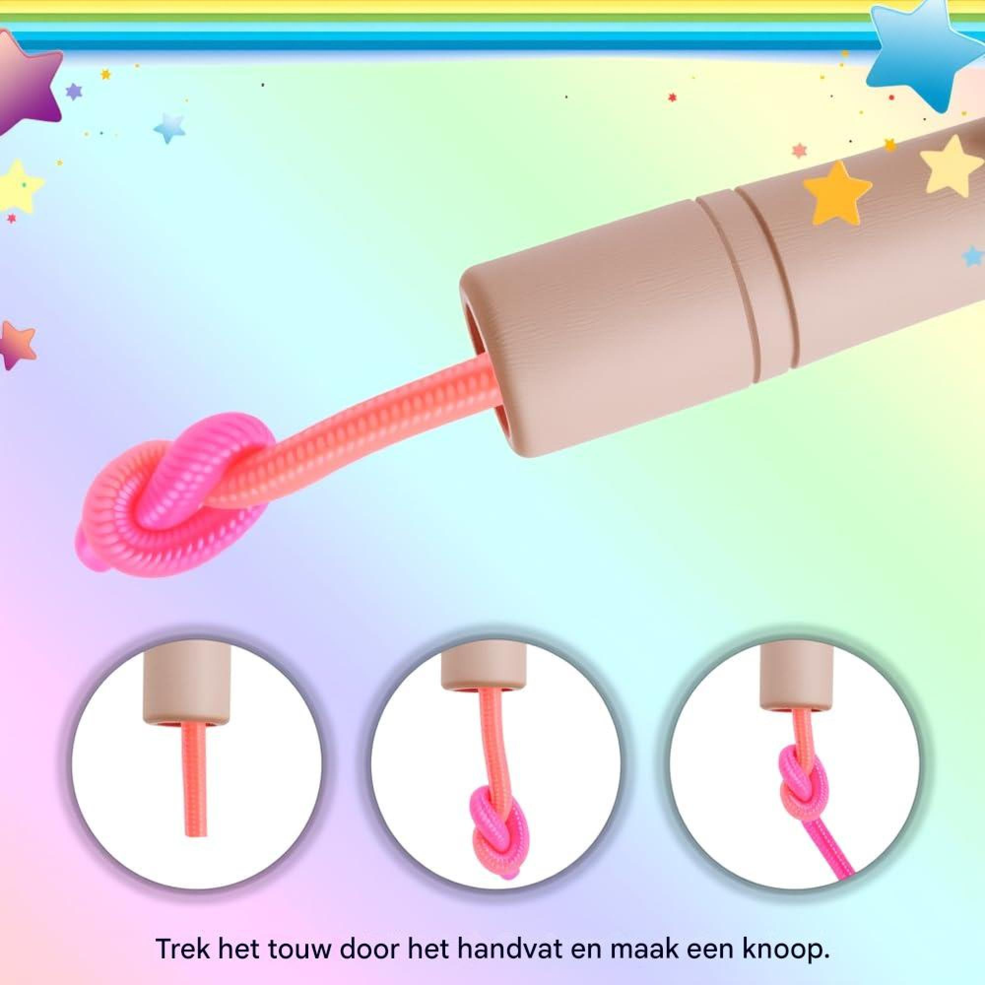 Ein rosafarbener Griff mit einer pinken Schnur und Schritten zum Knüpfen, vor einem bunten Regenbogenhintergrund.