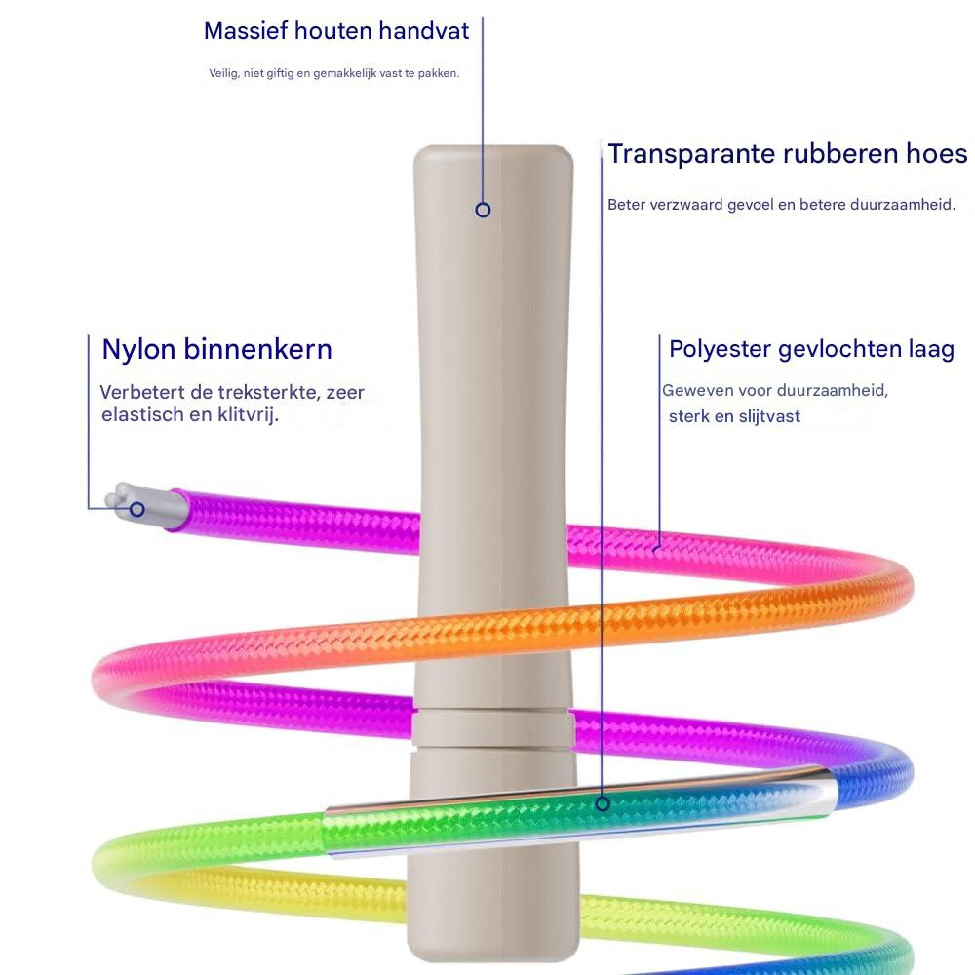 Springseil mit Holzgriff und mehrfarbigen geflochtenen Schichten, mit niederländischen Produktmerkmalen.
