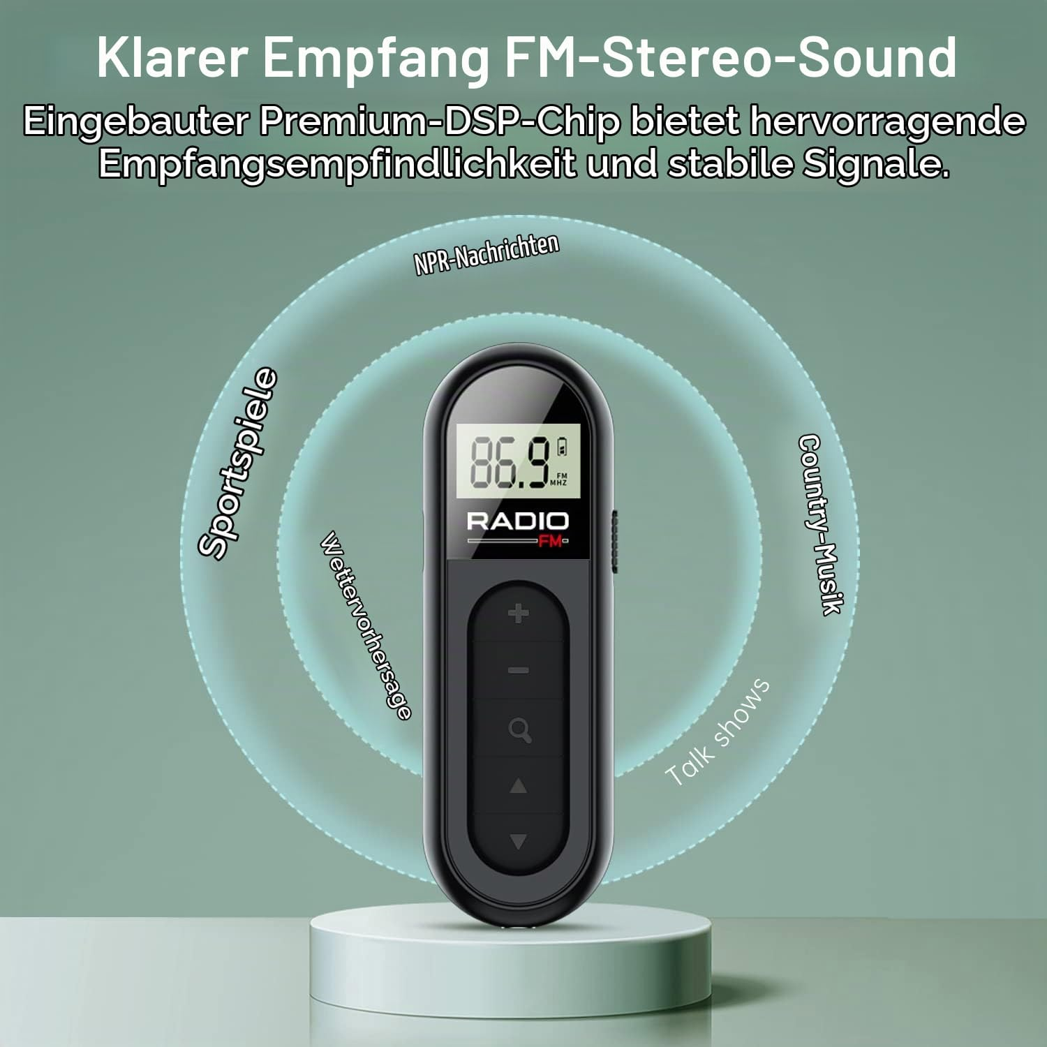Ein schwarzes Taschenradio auf einem Podest, umgeben von Signalwellen und deutschem Text.