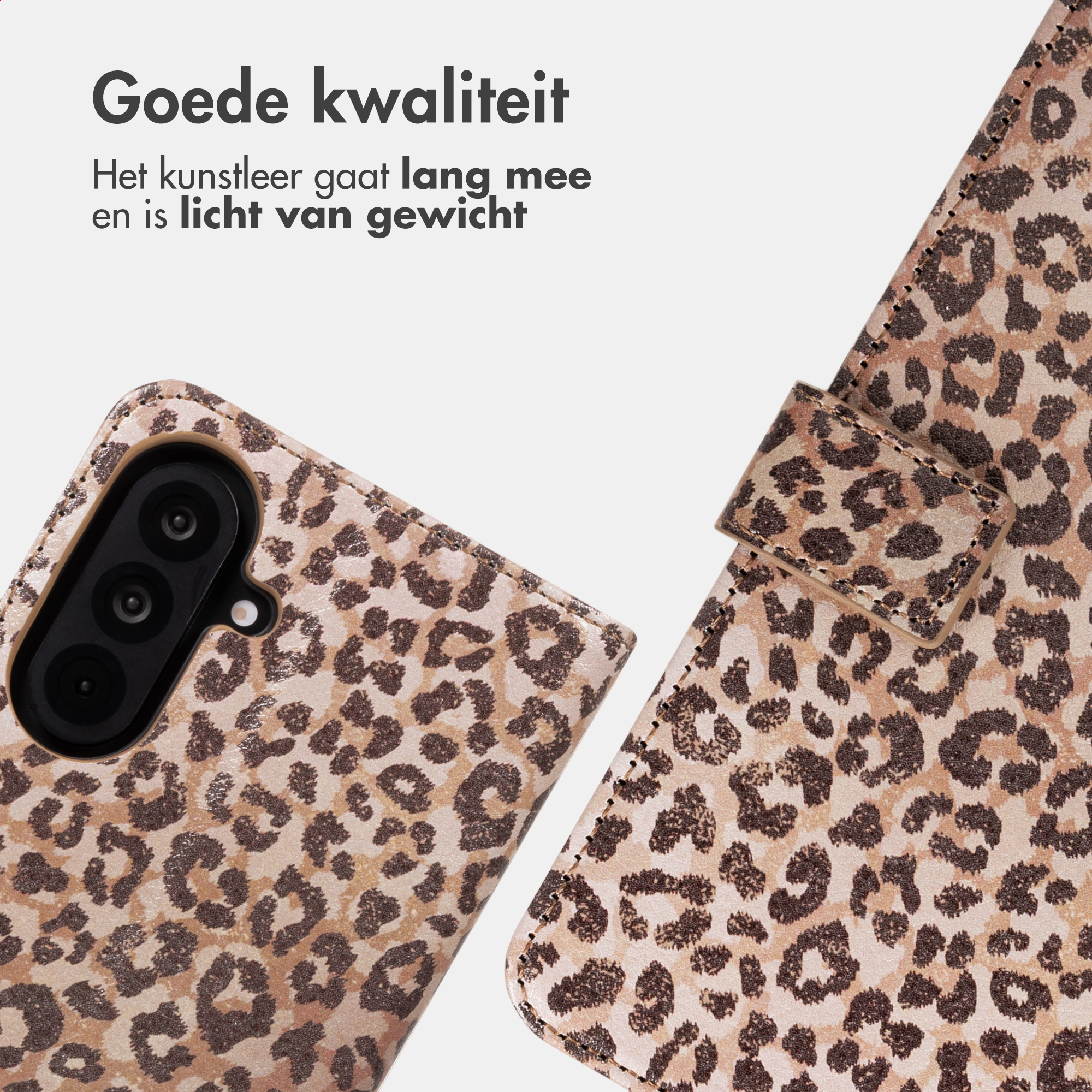 Handyhülle mit Leopardenmuster und Text in niederländischer Sprache oben links.