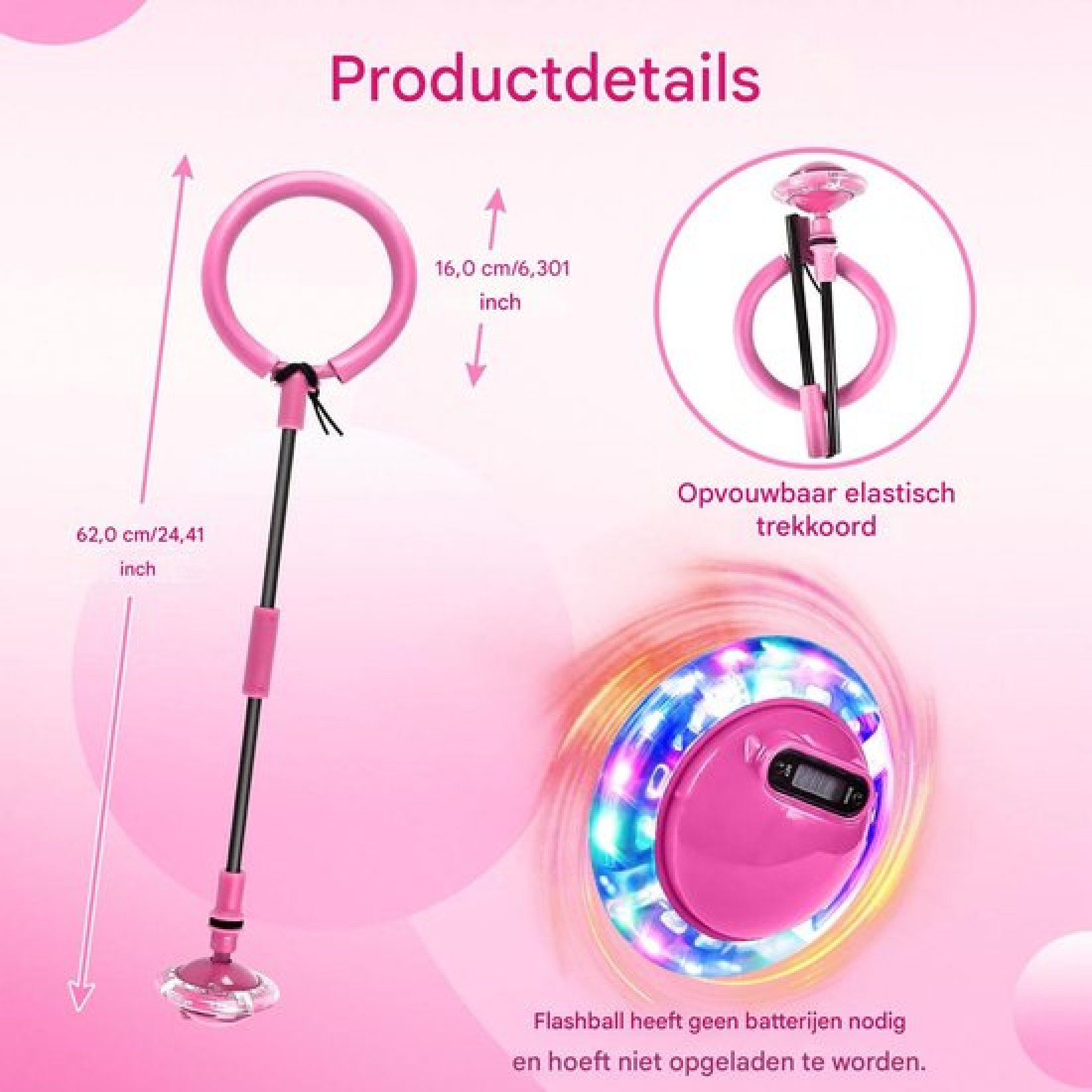 Produktdetails für ein rosa faltbares Flashball-Schwing-Spielzeug mit Maßen und leuchtenden Lichtern auf rosa Hintergrund.