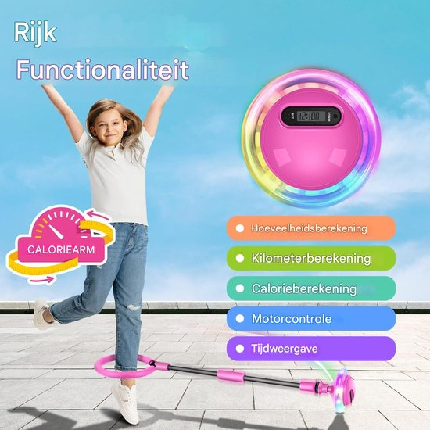 Ein Mädchen springt fröhlich über einen rosa Blinkball-Beinspreizer, begleitet von Funktionslisten auf Niederländisch.