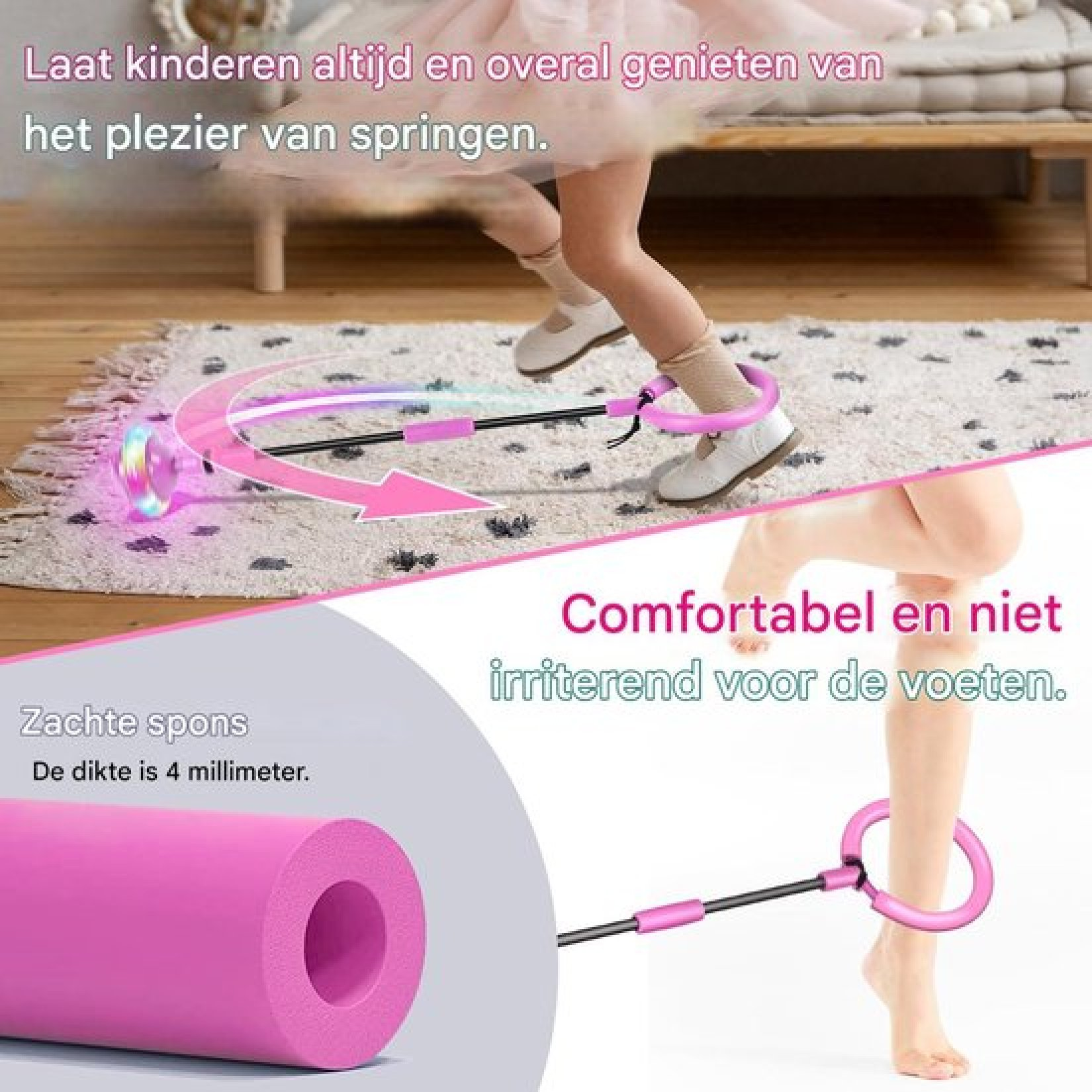Ein Kind spielt mit einem pinken, blinkenden Sprungball auf einem Teppich.