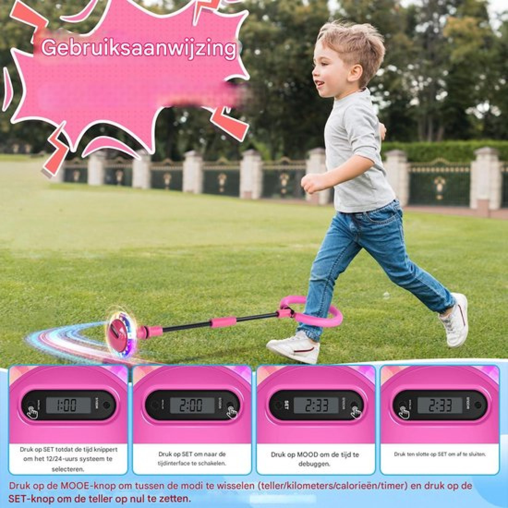 Ein Junge rennt fröhlich auf grünem Gras und spielt draußen mit einem pinken Blink-Schwungball.