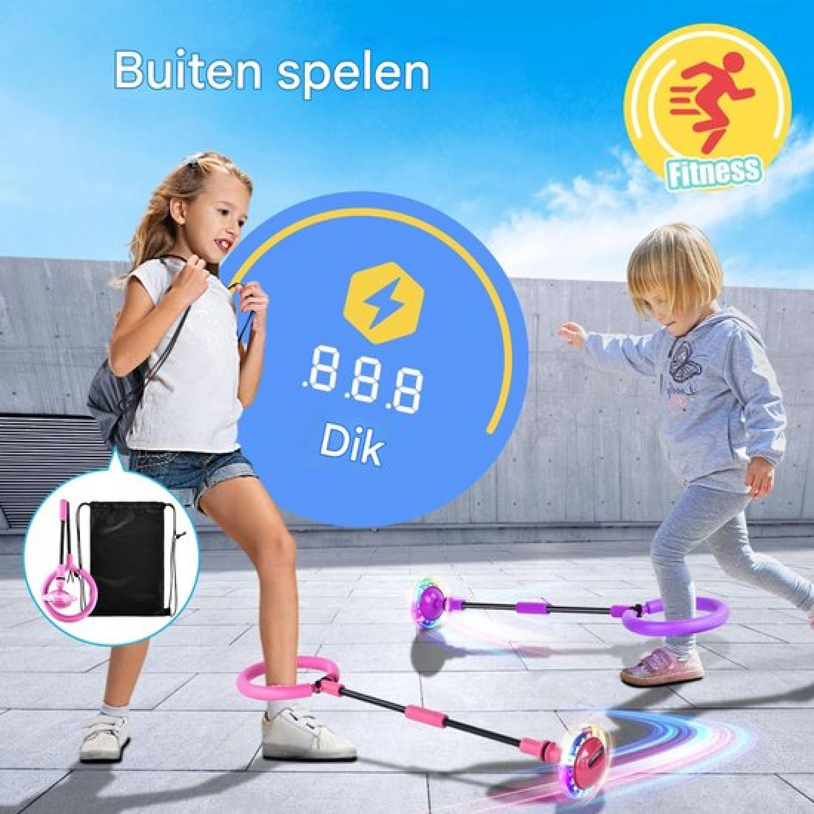 Zwei Kinder spielen draußen auf einer grauen Fläche mit leuchtenden Hüpfbällen.
