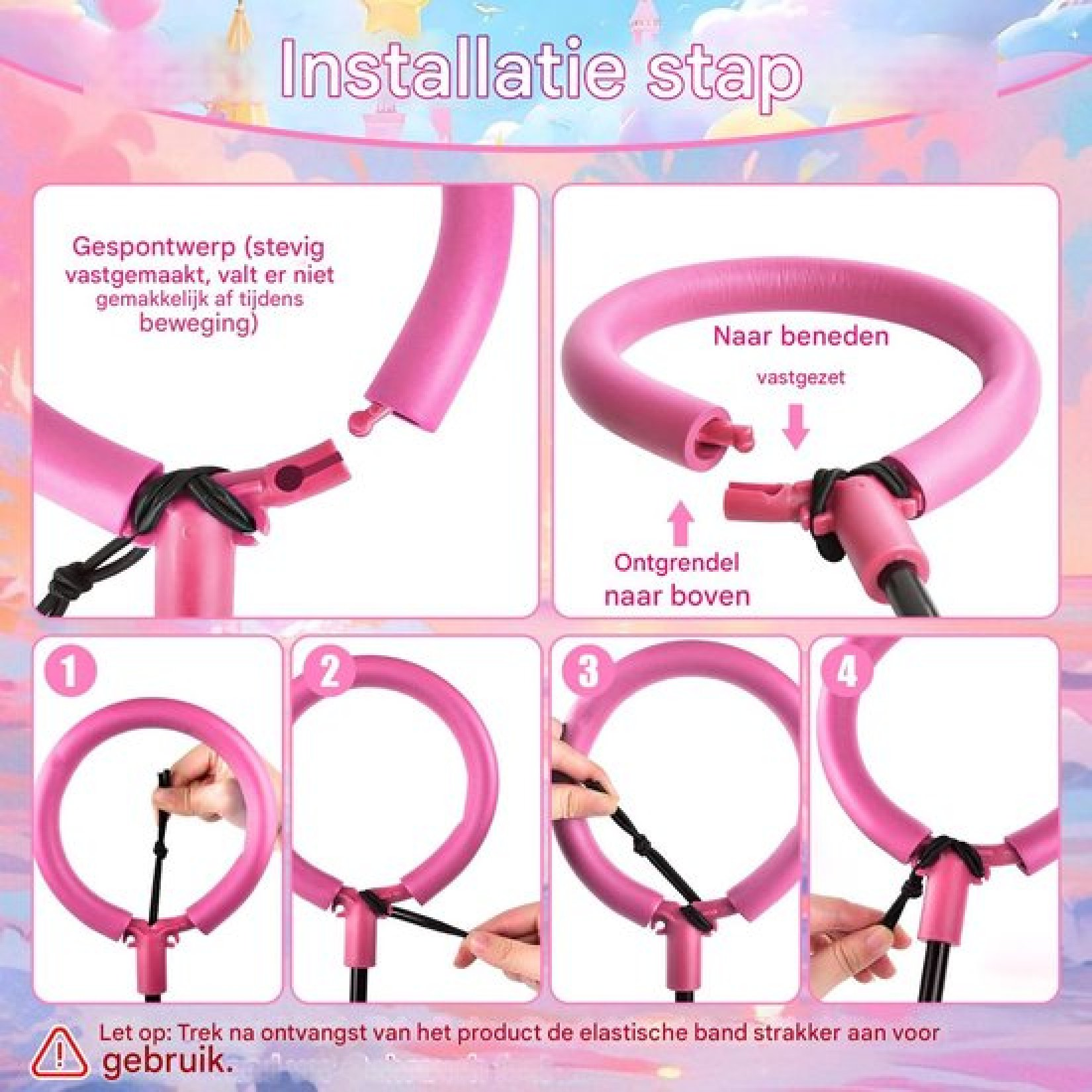 Anleitung mit sechs Schritten auf Niederländisch zur Montage eines rosa Hula-Hoop-Reifens.