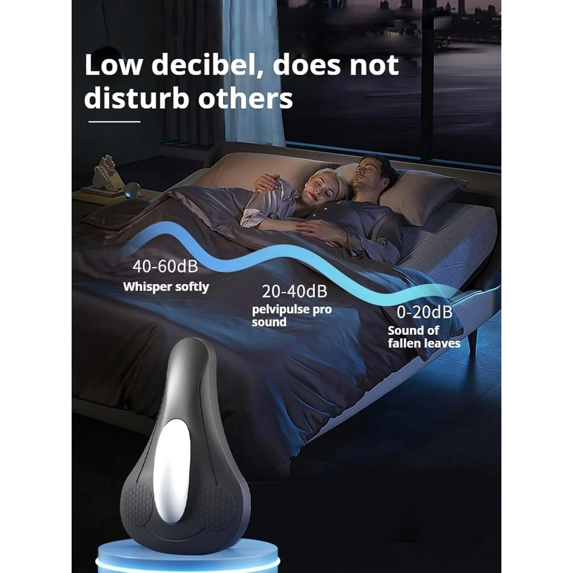Ein ergonomisches graues Wellnessgerät im Vordergrund, während im Hintergrund ein Paar friedlich im Bett schläft.