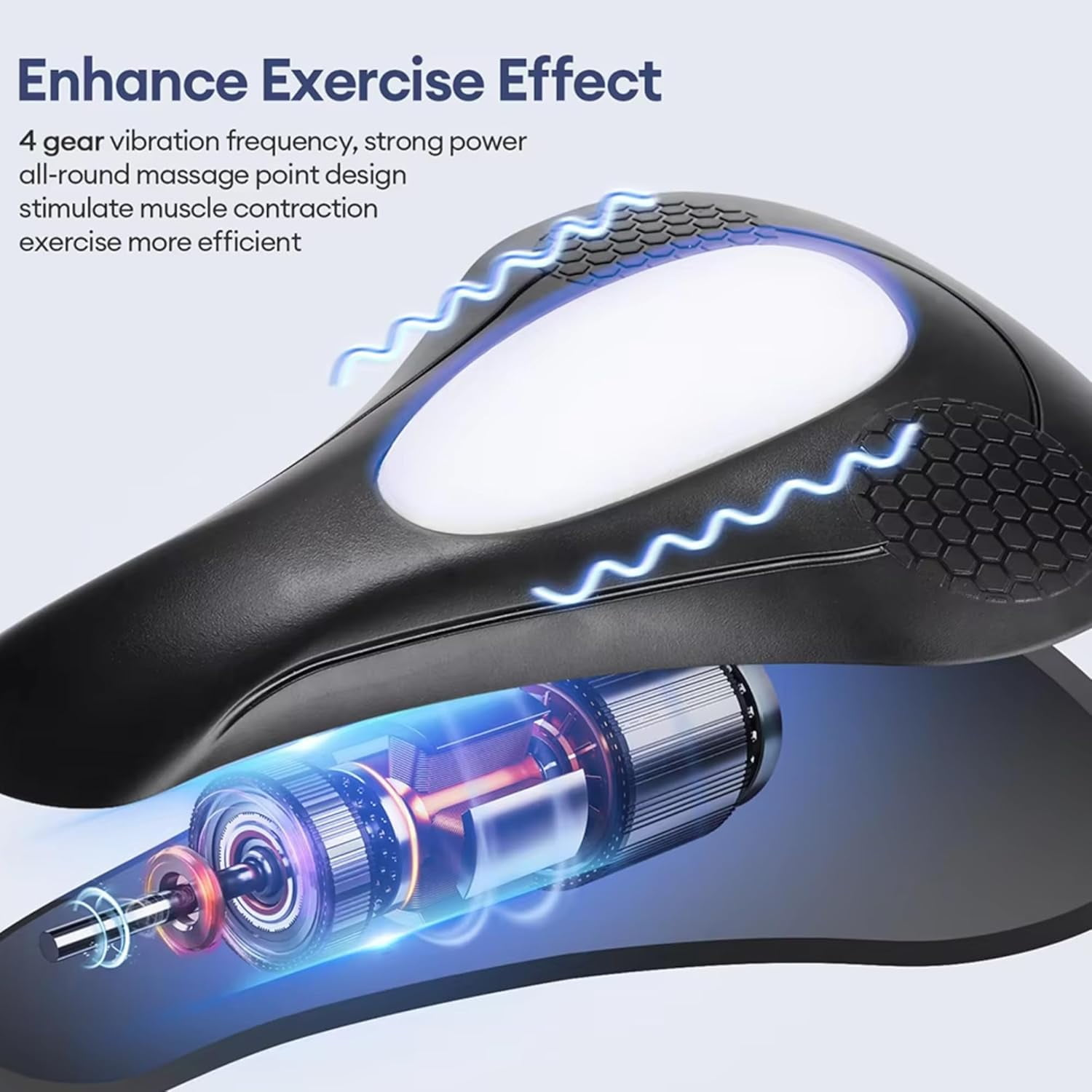Ein schwarzer, ergonomischer Sitz mit sichtbarem Elektromotor im Inneren und blauen Schwellenlinien.