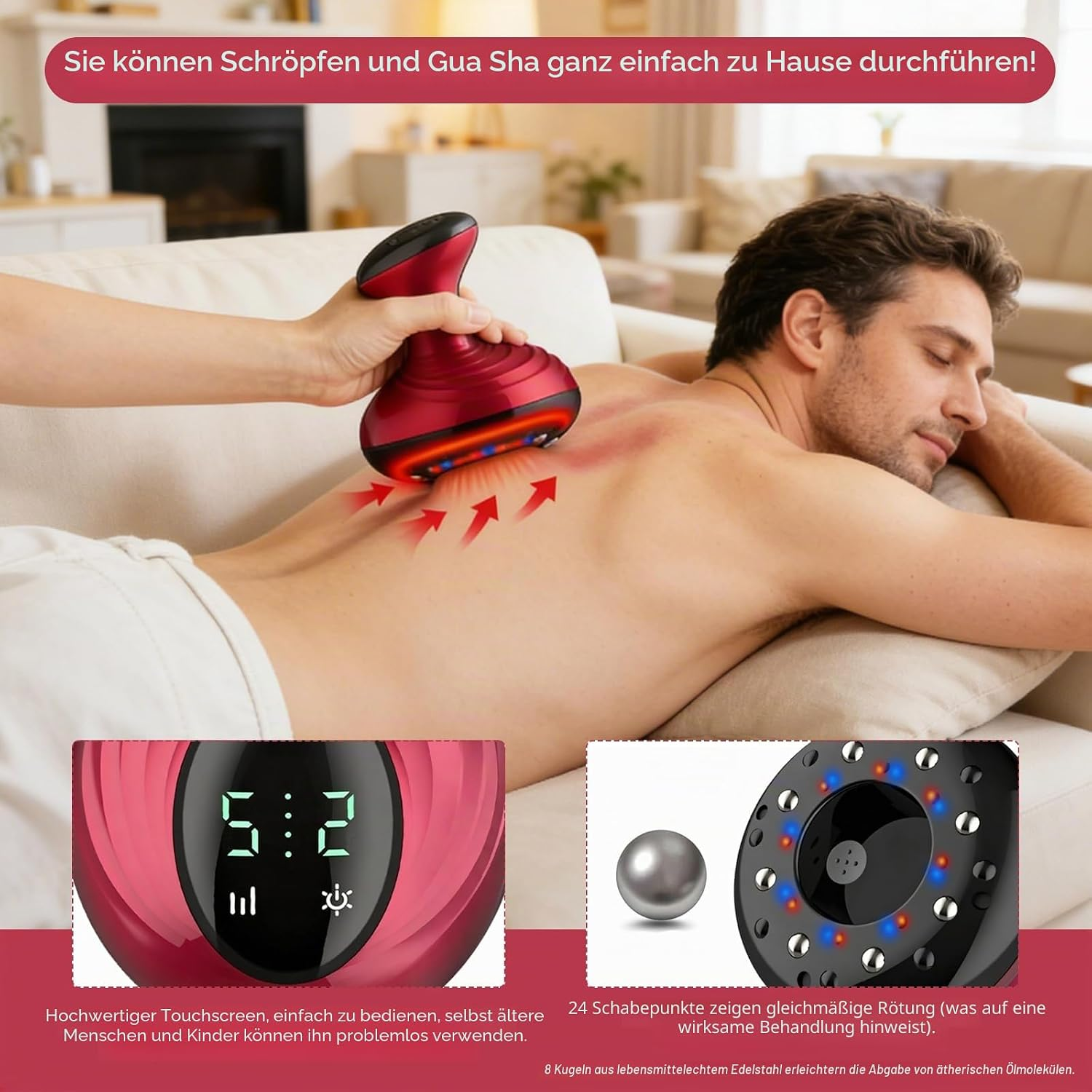 Ein rotes Massagegerät wird auf dem Rücken eines auf dem Sofa liegenden Mannes angewendet, mit digitalen Einlagen.