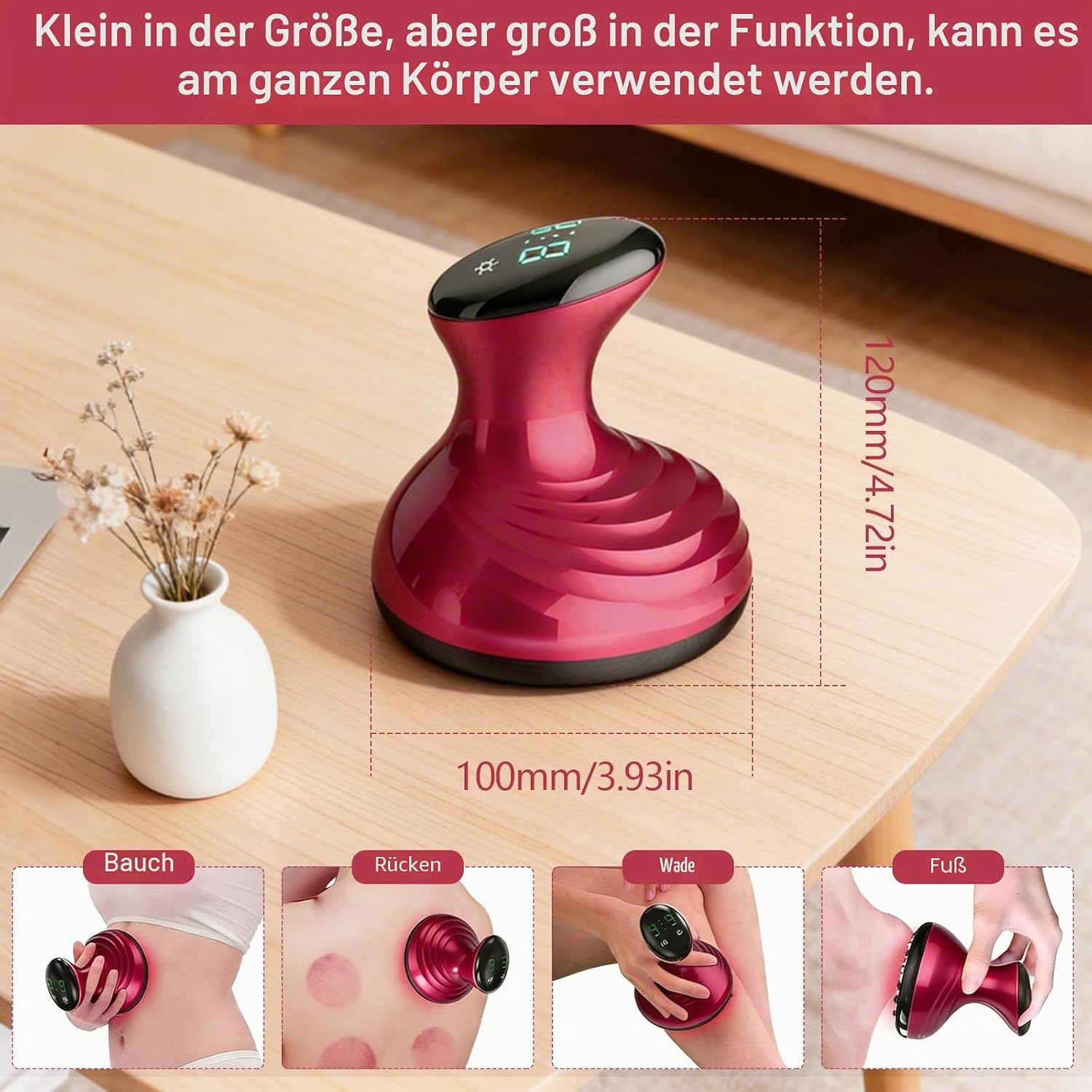 Ein rotes Massagegerät auf einem Holztisch mit Maßangaben und Anwendungsbeispielen.
