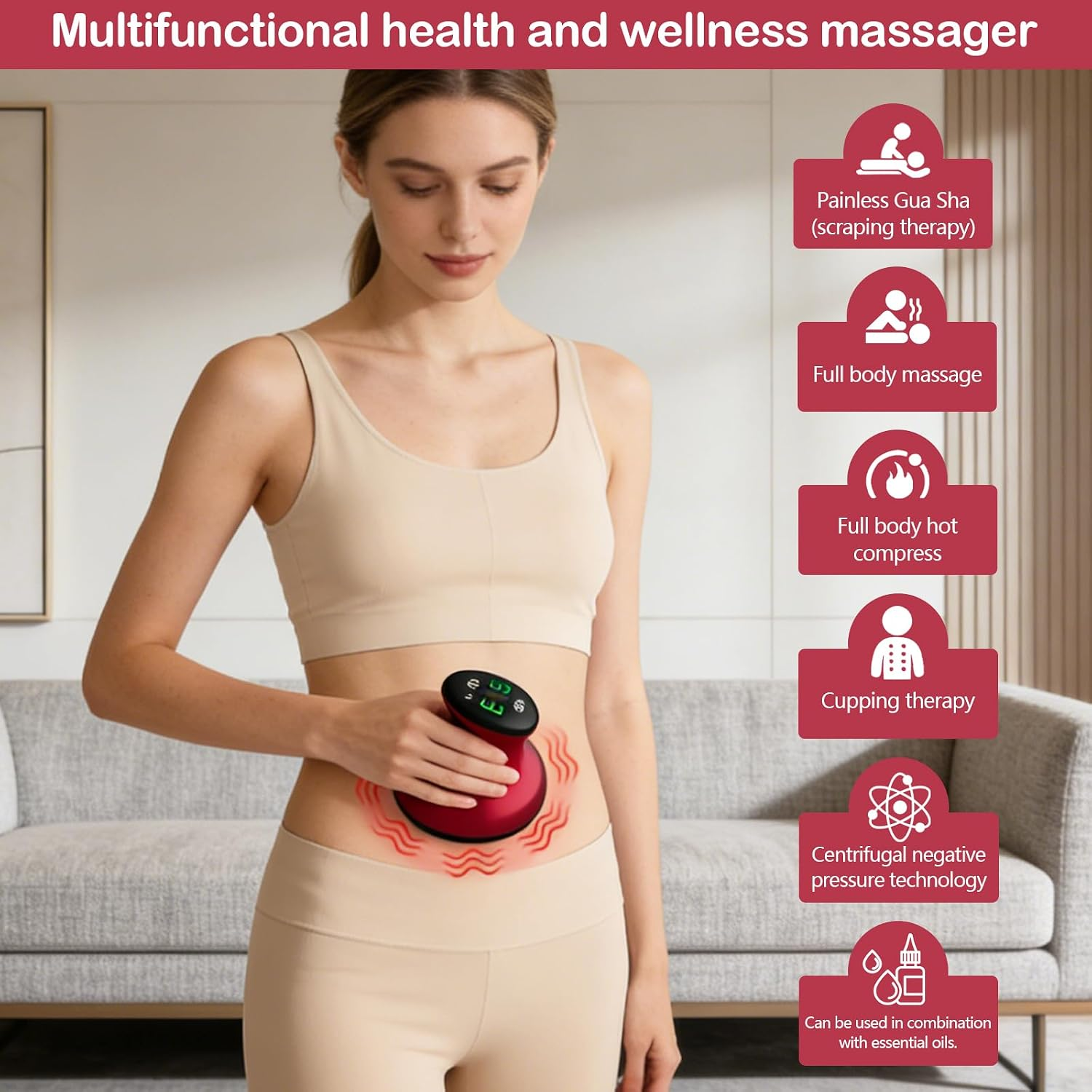 Eine Frau hält ein Wellness-Massagegerät auf dem Bauch, daneben Funktionssymbole.