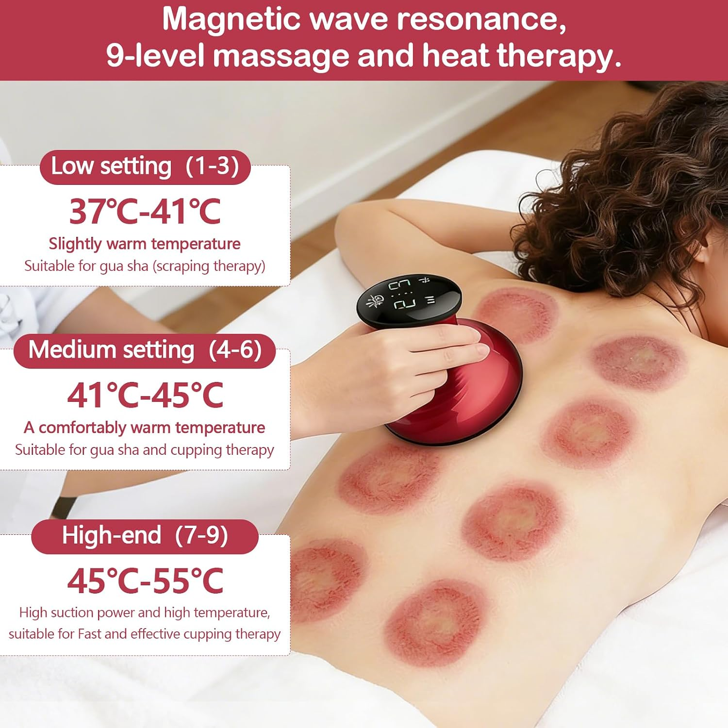 Eine Person erhält eine rote Massage-Schröpftherapie am Rücken mit sichtbaren roten Kreisspuren.
