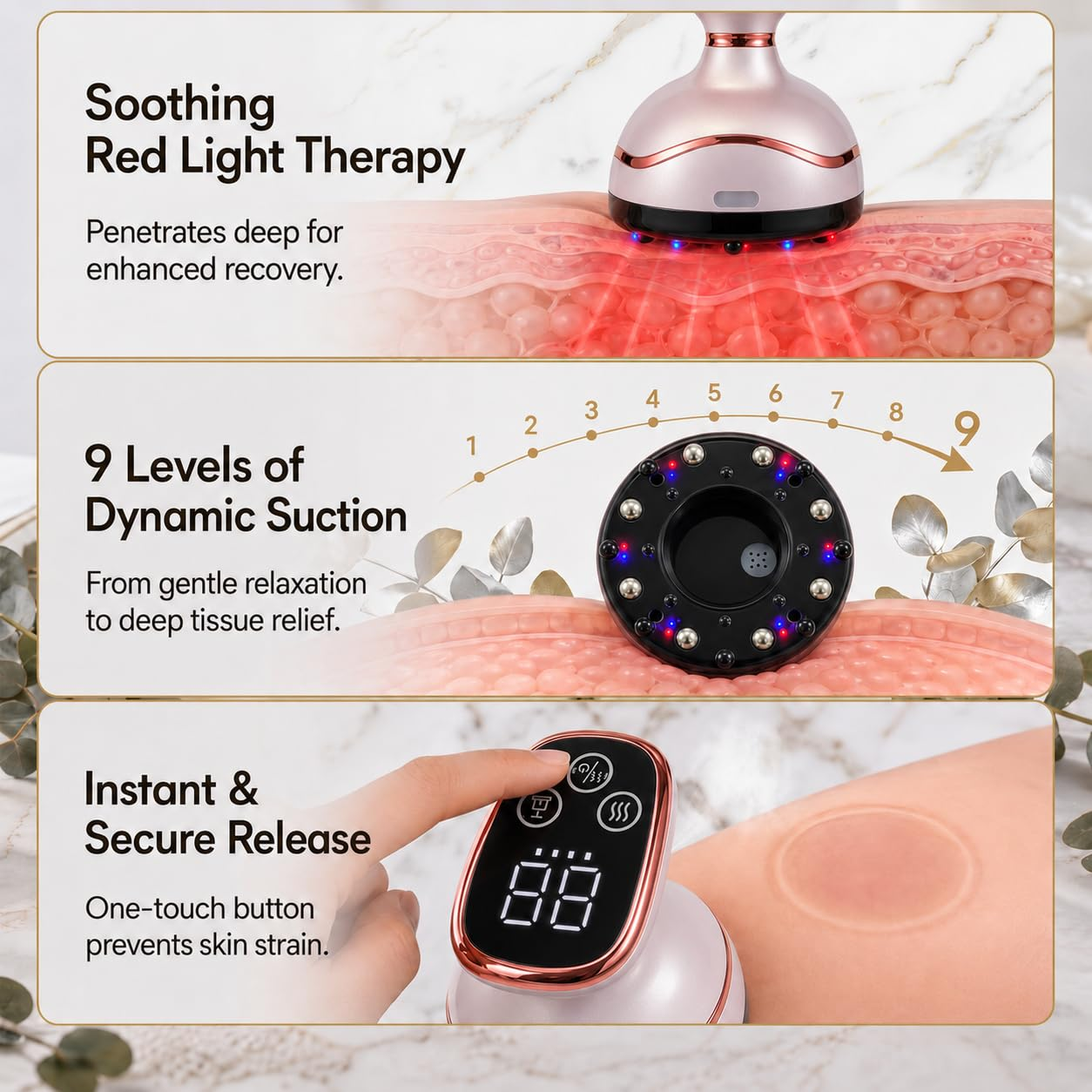 Drei Paneele zeigen Rotlichttherapie, neun Saugstufen und die Ein-Tasten-Freigabe für ein Hautpflegegerät.