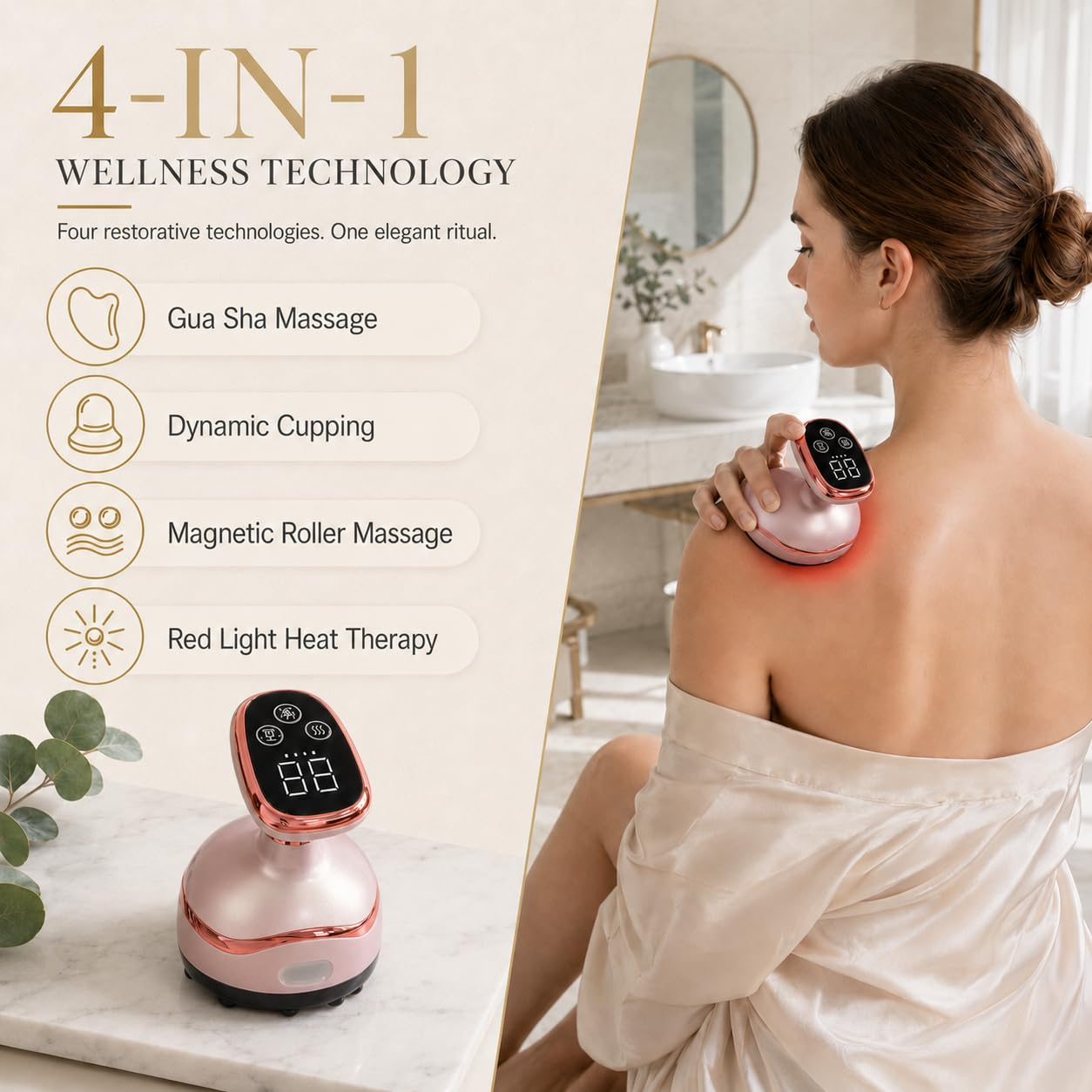 Eine Frau verwendet ein roségoldenes 4-in-1-Wellness-Gerät für Schulter- und Rückenmassage.