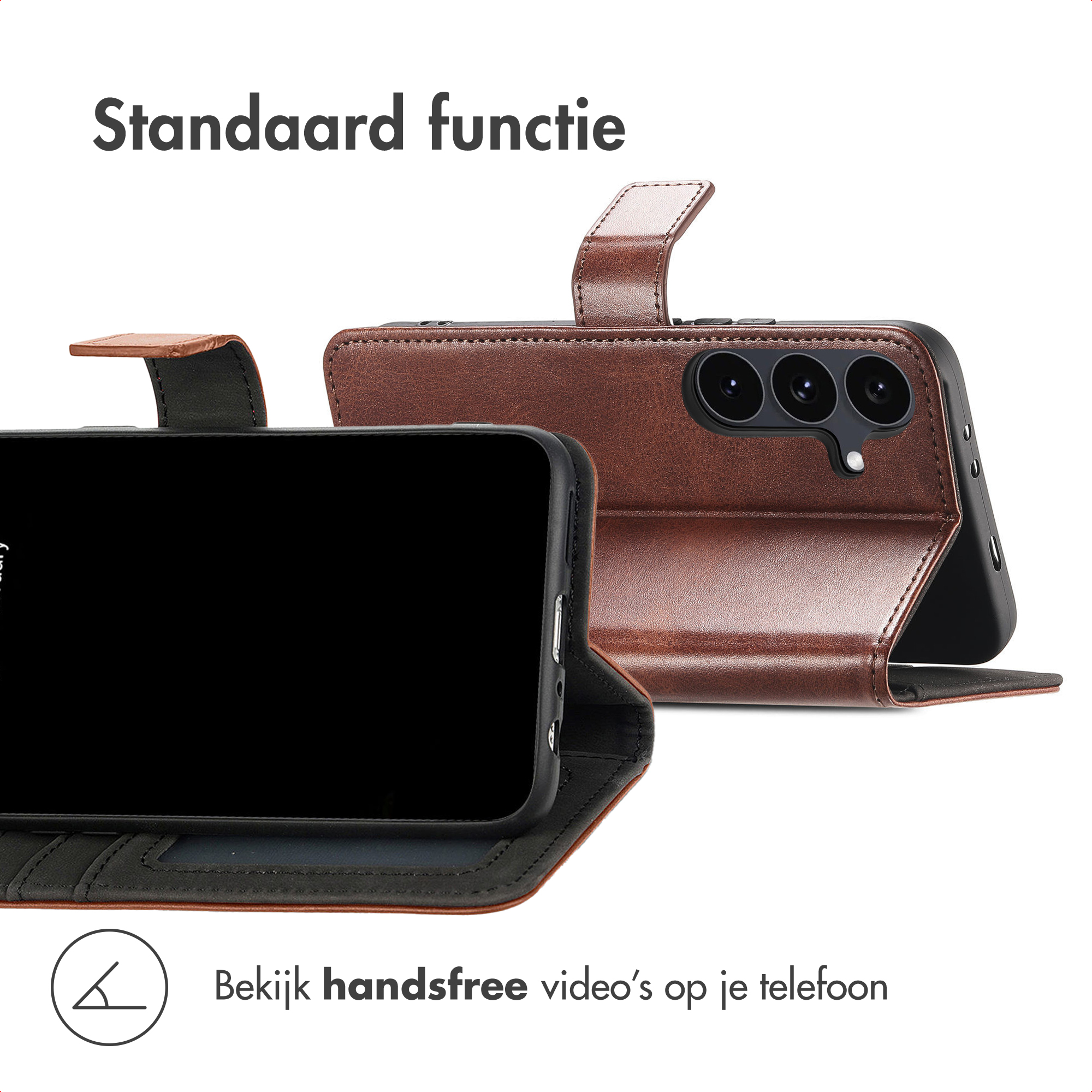 Braune Lederhandytasche mit Klappständer und offener Ansicht.