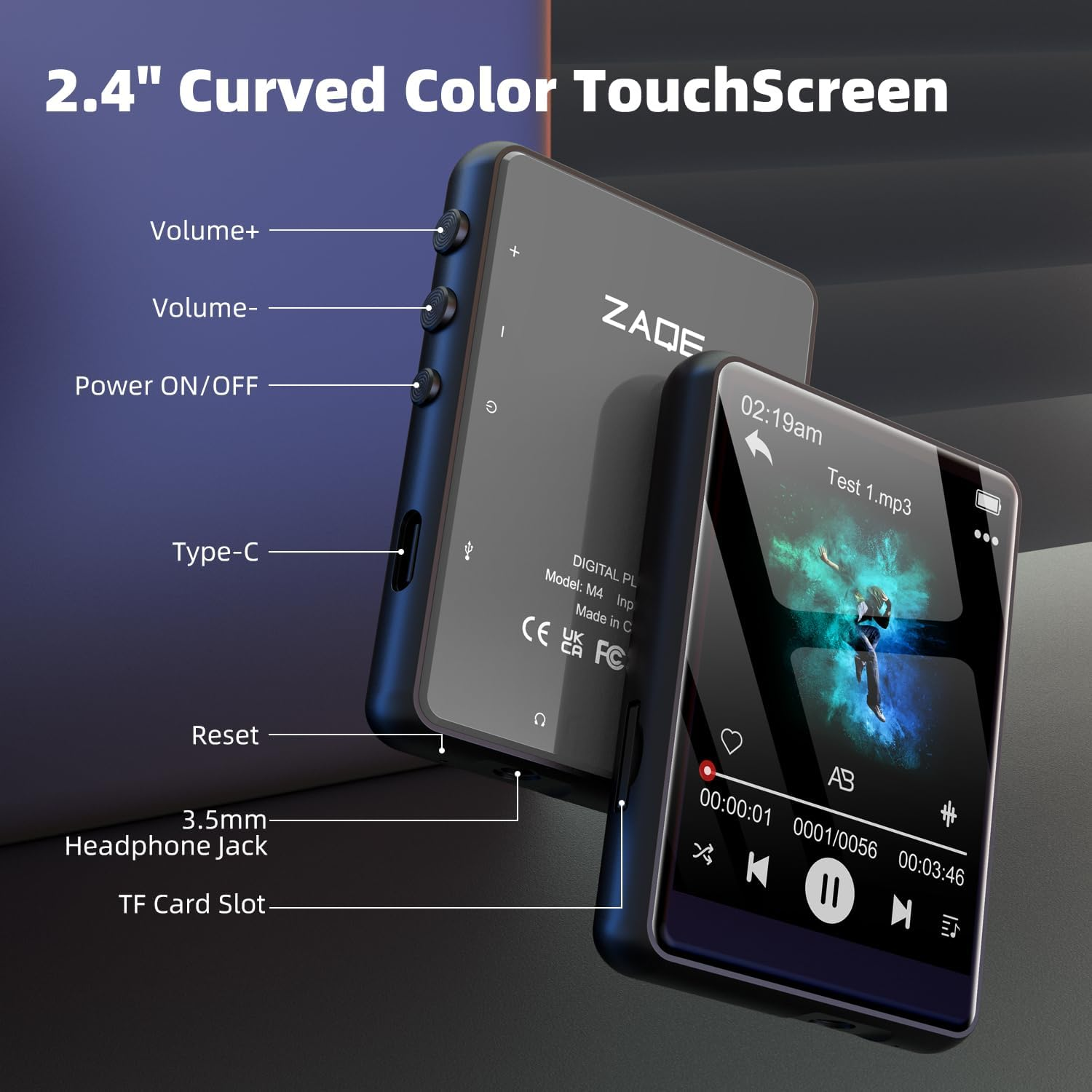 Diagramm zeigt M4 MP3-Player mit gebogenem Farb-Touchscreen und beschrifteten Tasten, Anschlüssen und Steckplätzen.