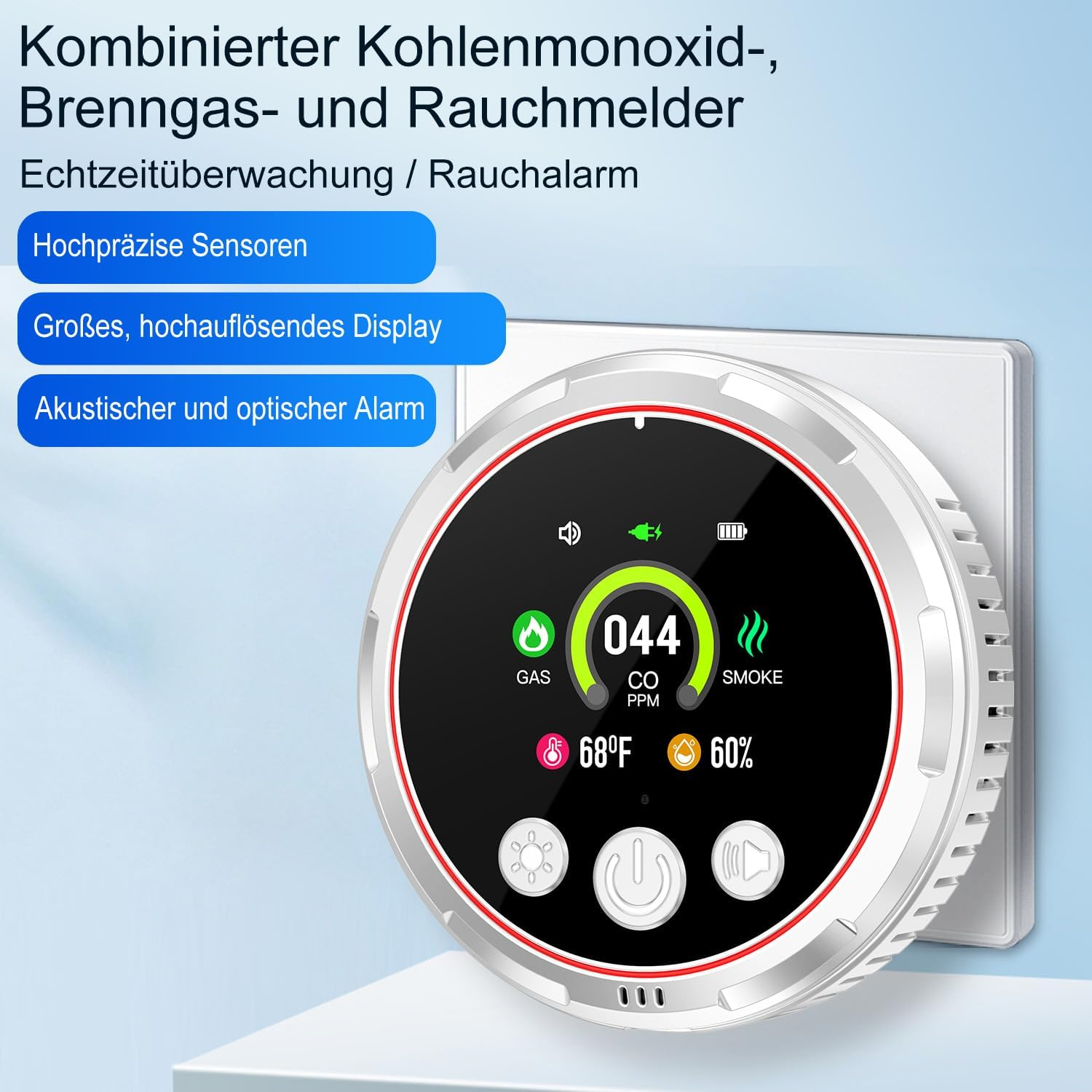 Kombinierter CO-, Gas- und Rauchmelder mit digitalem Display und blauen Infoboxen auf hellem Hintergrund.