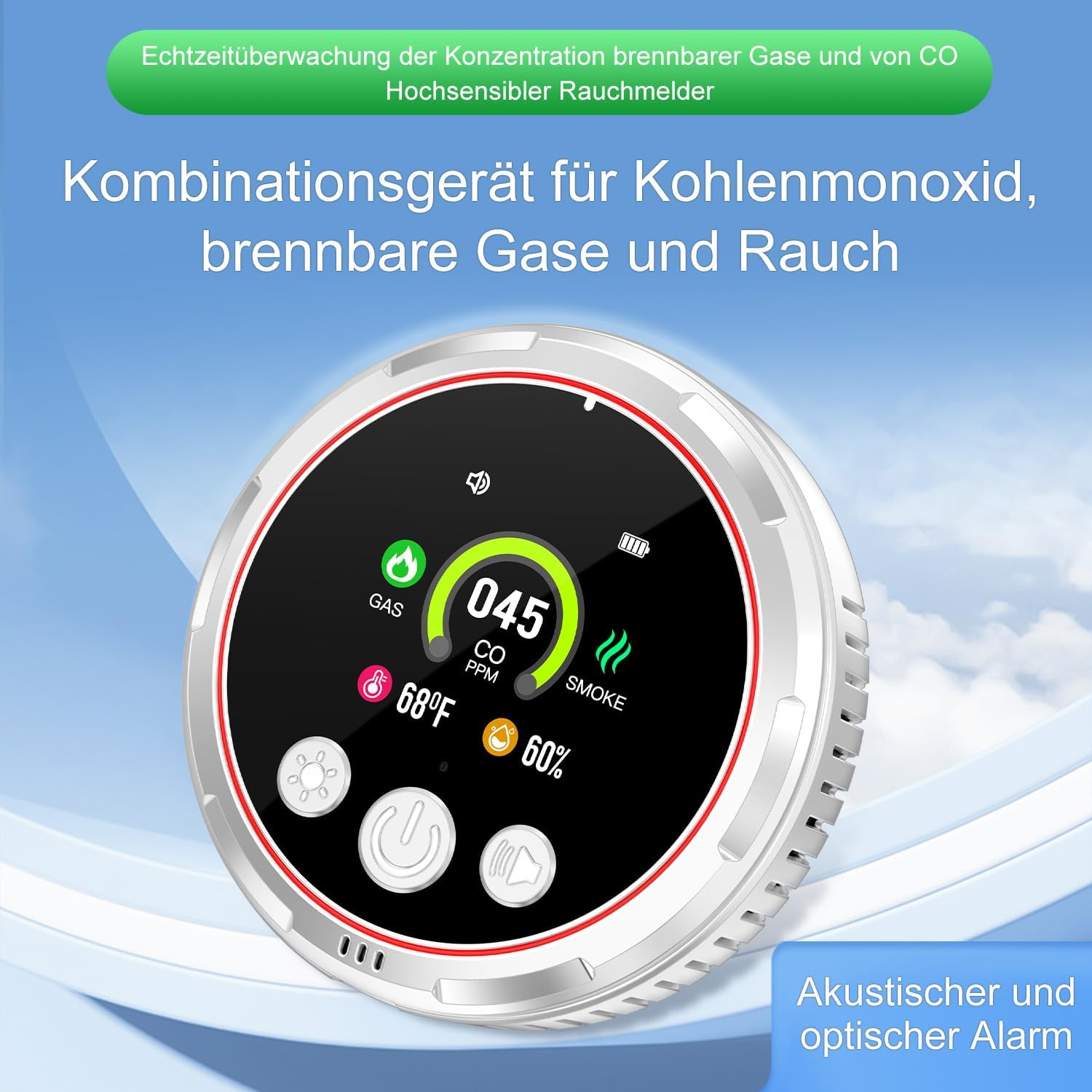 Runder Detektor mit schwarzem Bildschirm zeigt CO, Gas und Rauch gegen blauen Himmel.