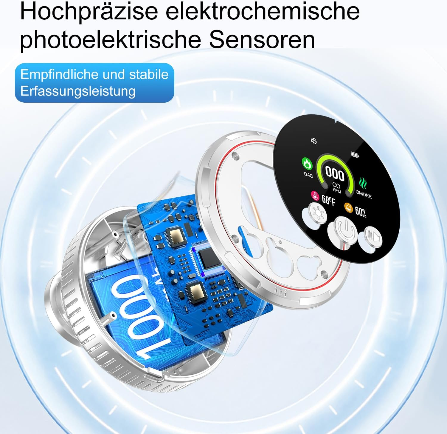 Explosionszeichnung eines Sensors mit blauer Platine, Batterie und digitalem Display.