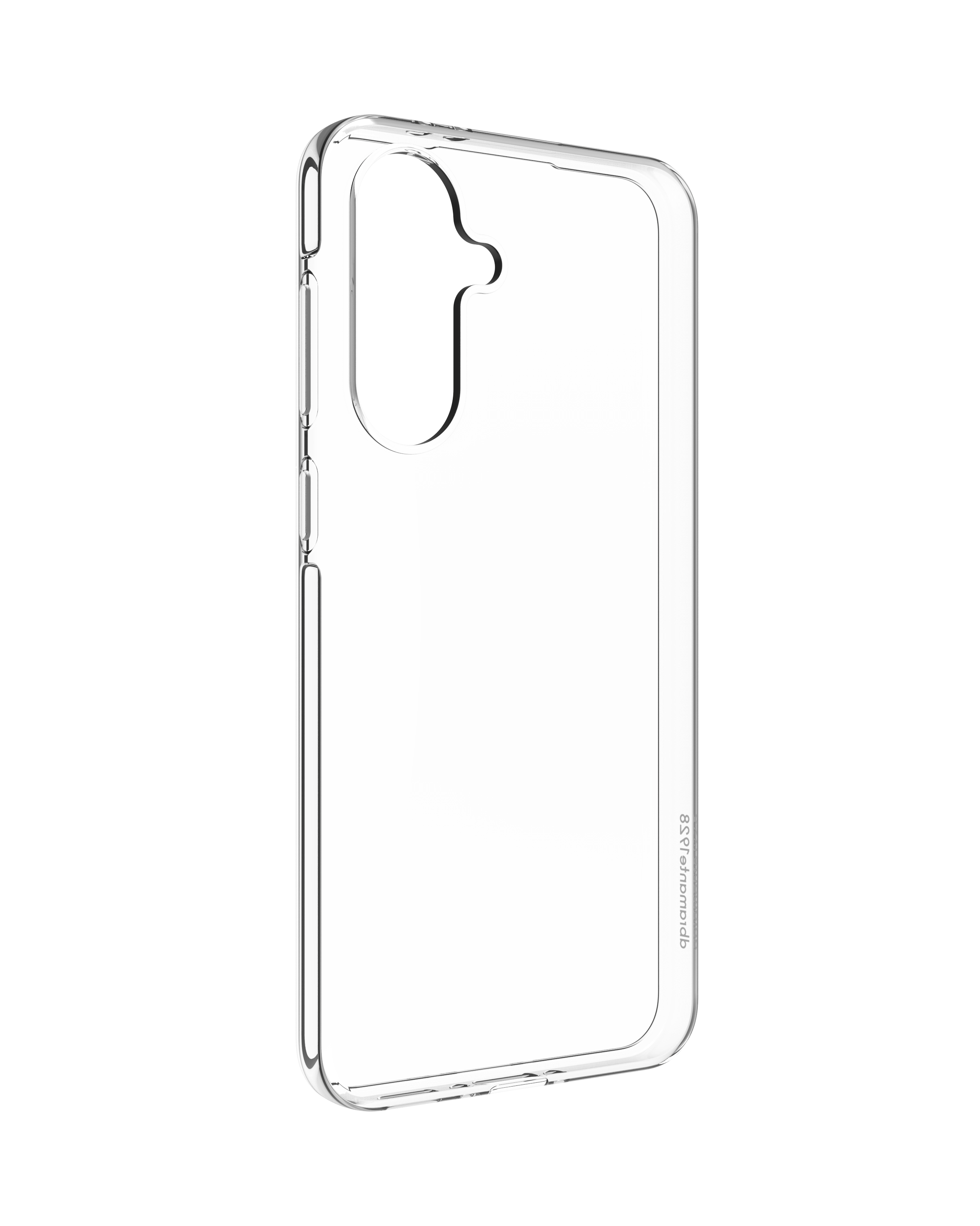 Eine klare, transparente Silikon-Smartphone-Hülle in Schrägansicht mit präzisen Ausschnitten für Kamera und Tasten.