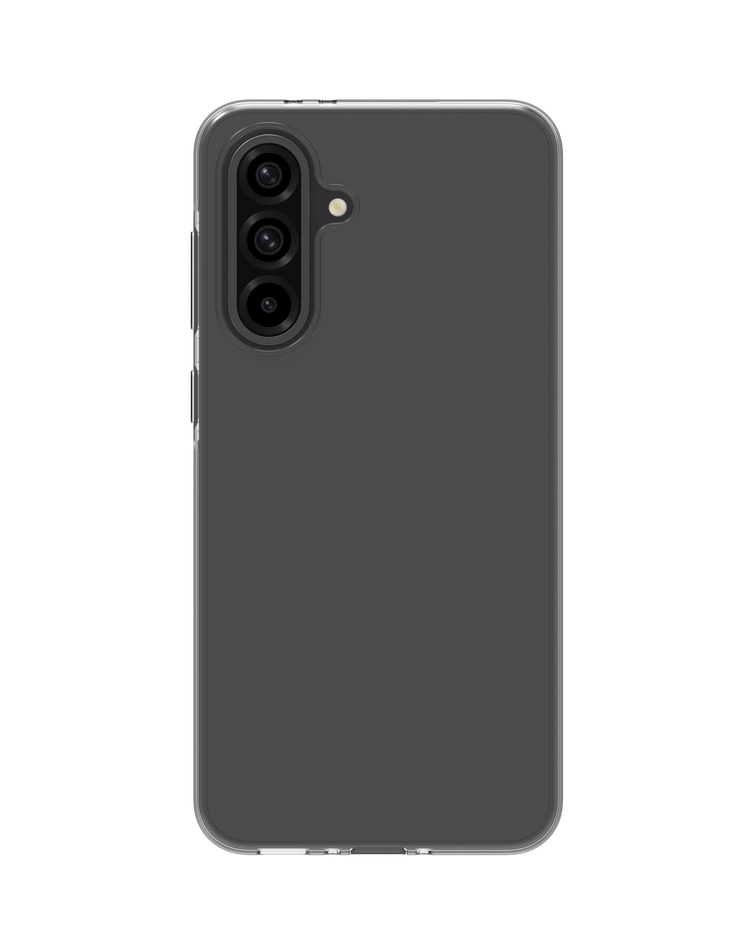 Rückseite eines dunkelgrauen Smartphones in klarer Hülle mit vertikaler Dreifachkamera und Blitz.