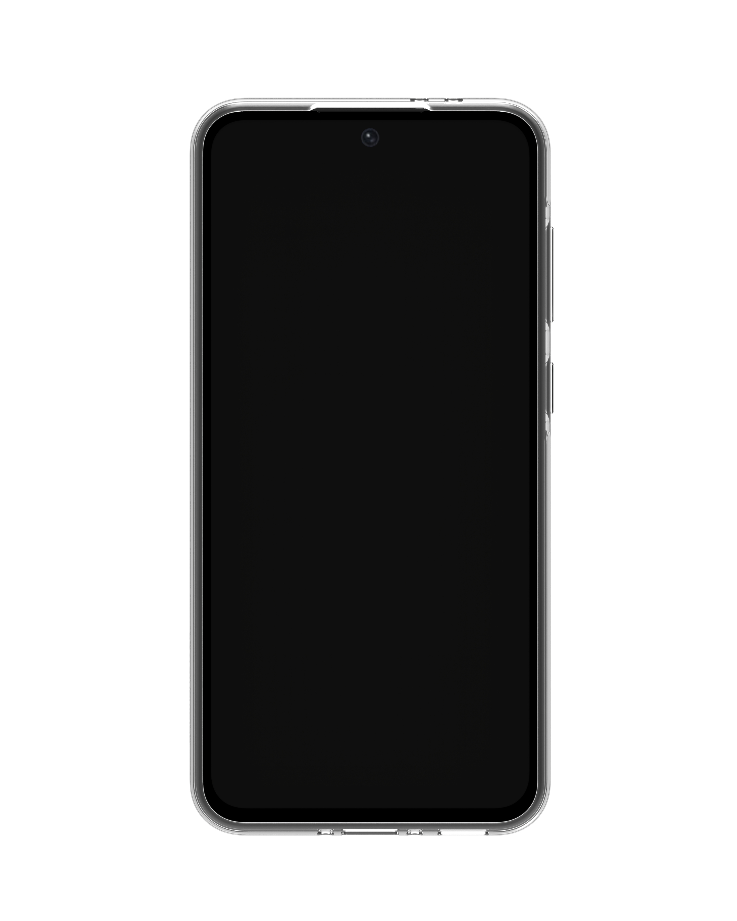 Ein Smartphone mit schwarzem Bildschirm in einer transparenten Schutzhülle auf weißem Hintergrund.