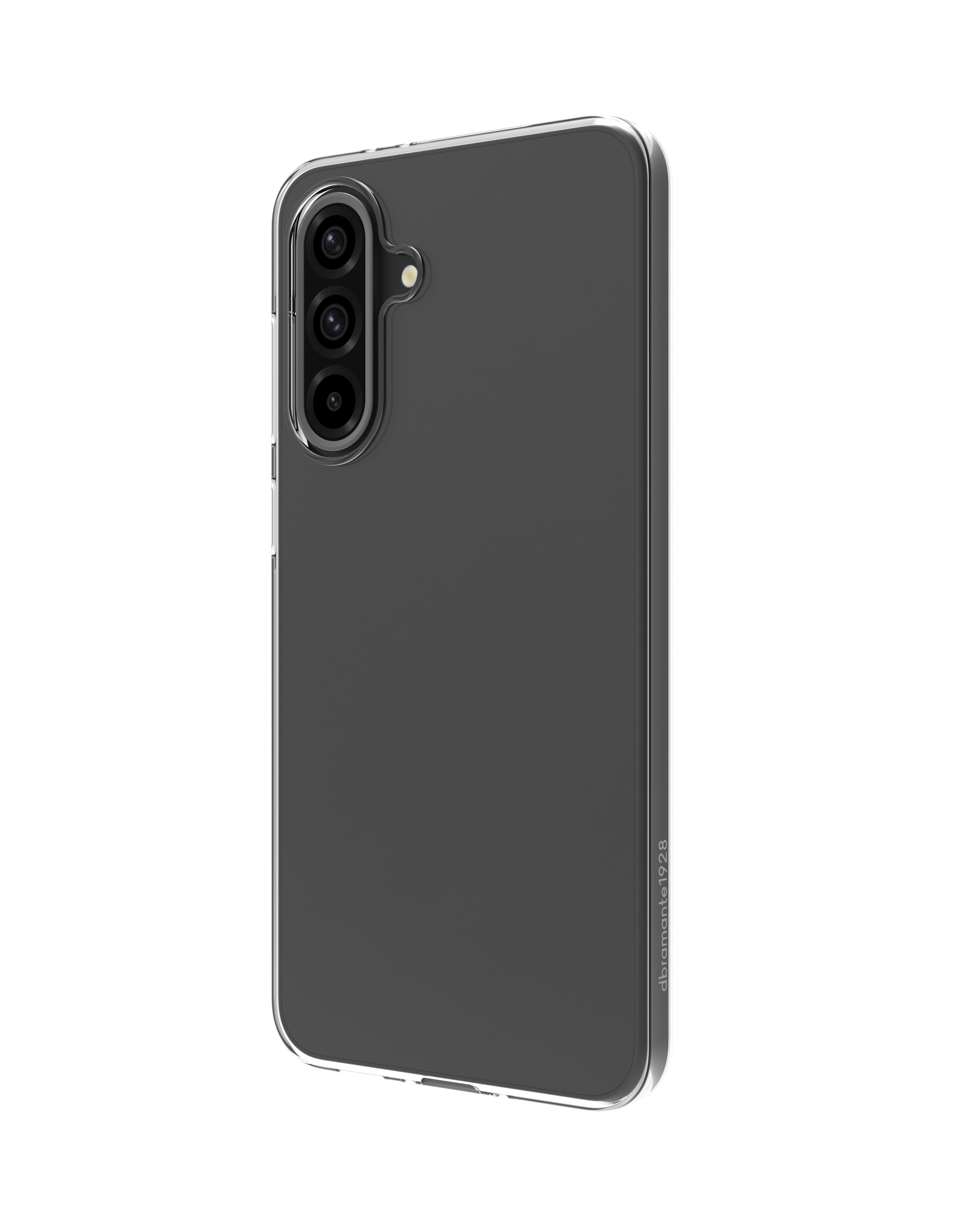 Ein Smartphone in einer klaren Schutzhülle vor weißem Hintergrund, Rückansicht mit drei Kameras.