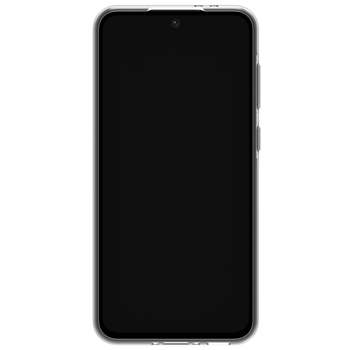 Ein Smartphone in einer transparenten Hülle mit schwarzem Bildschirm vor weißem Hintergrund.