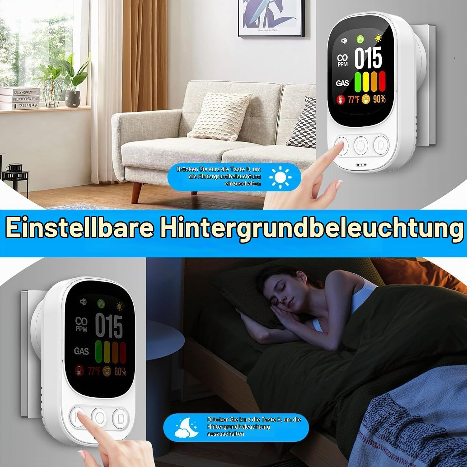 Ein CO- und Gaswarner mit digitalem Display in einem Wohn- und Schlafzimmer.