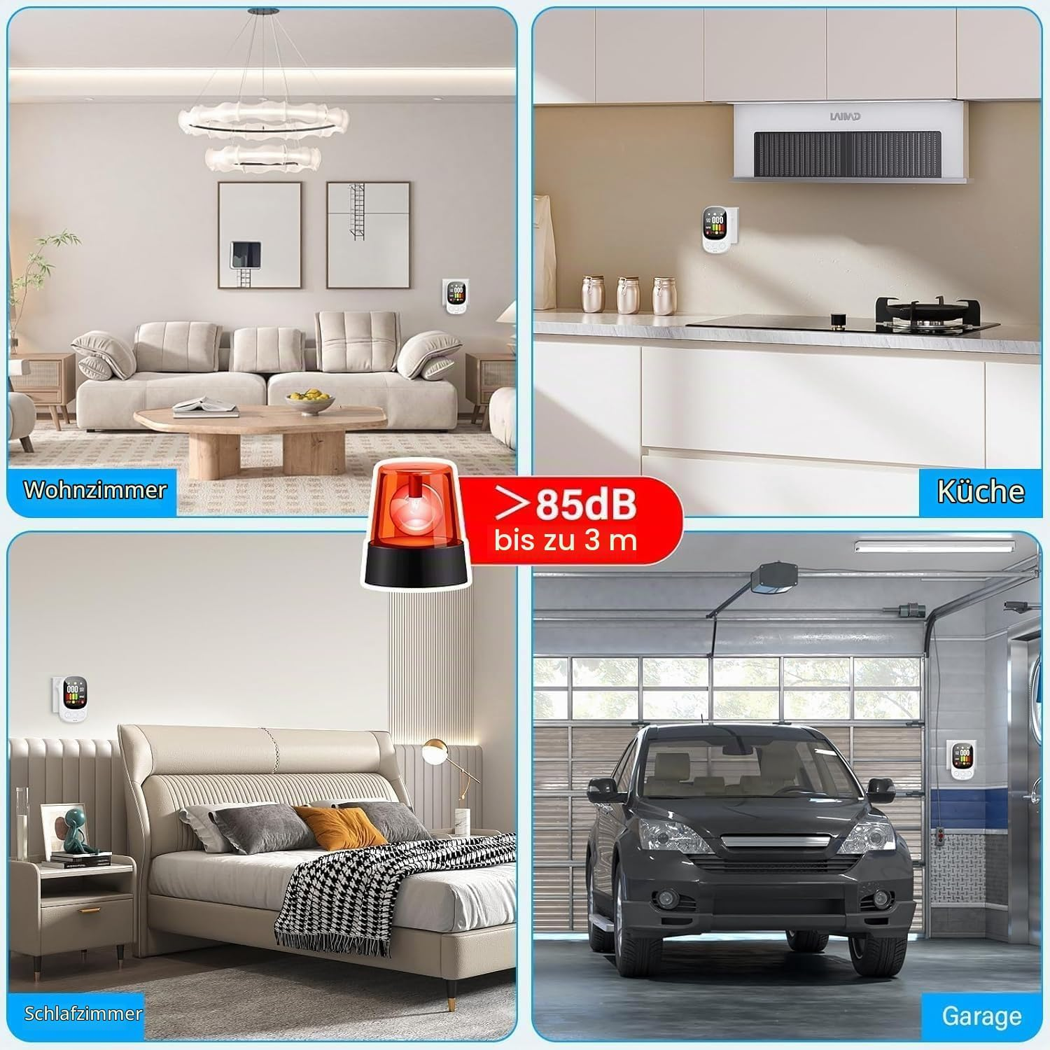 Vier Bilder von Zimmern zeigen Gaswarner: Wohnzimmer, Küche, Schlafzimmer, Garage mit roter Alarmleuchte.