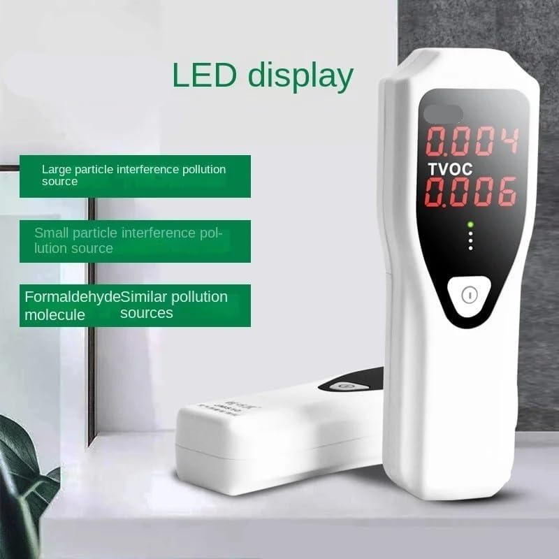 Ein weißes Luftqualitätsmessgerät mit rotem LED-Display zeigt Schadstoffwerte auf einem Tisch.