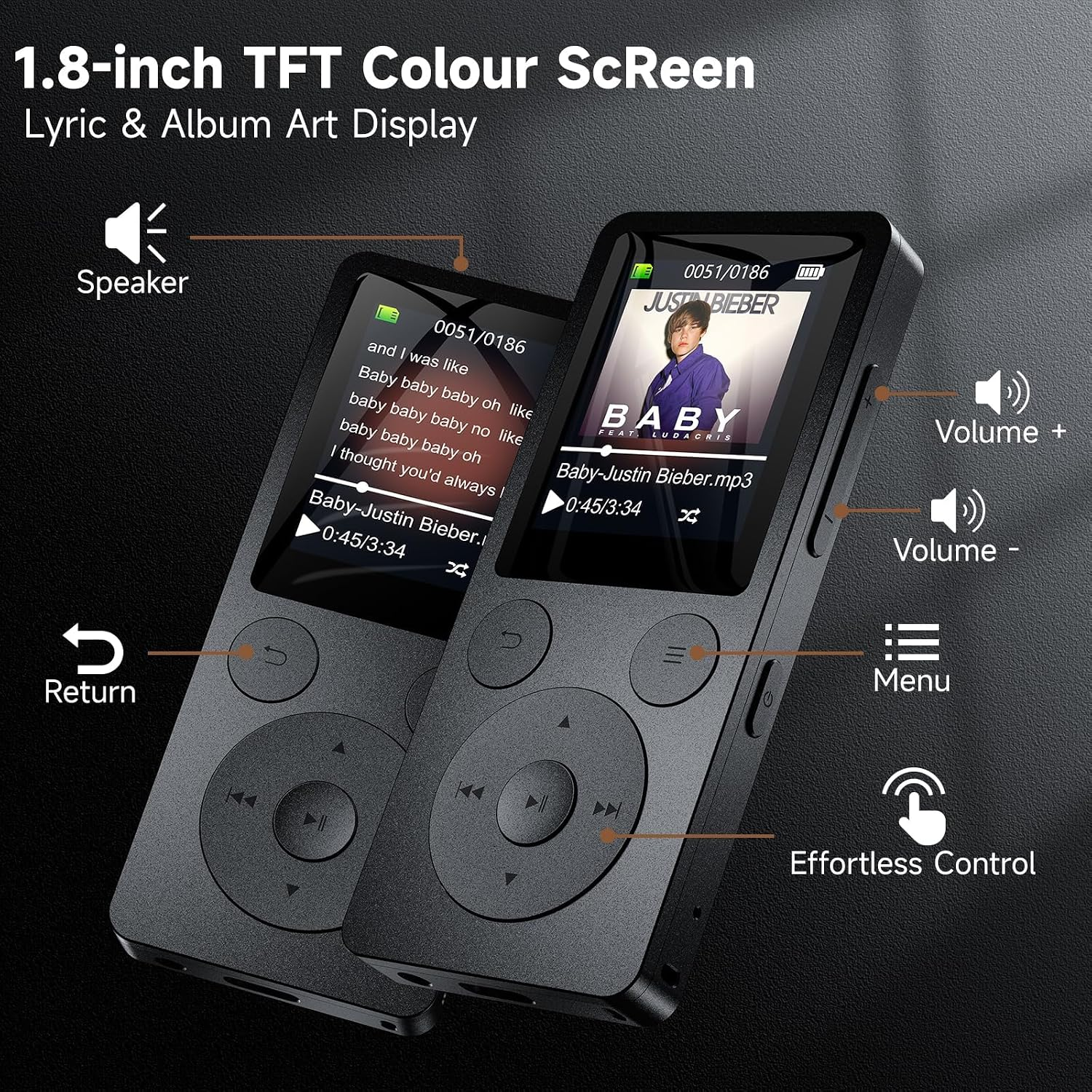 Zwei schwarze MP3-Player mit Farbdisplay und Tasten auf schwarzem Hintergrund, mit Funktionserklärungen beschriftet.