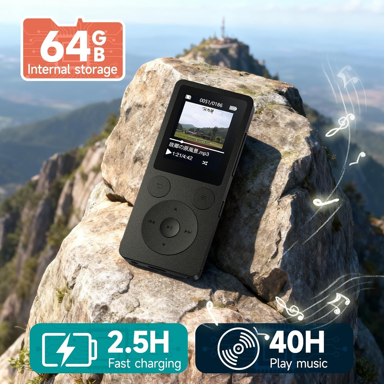 Ein schwarzer MP3-Player auf einem felsigen Berg, umgeben von schwebenden Noten und technischen Grafiken.