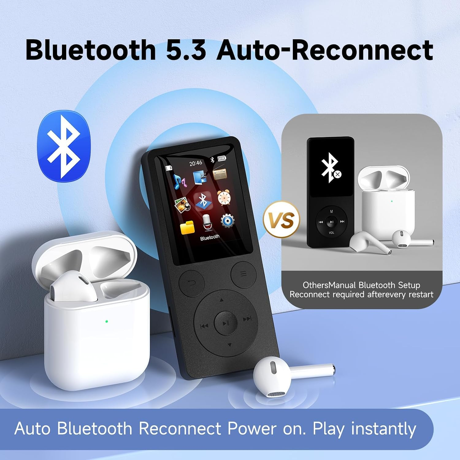 Ein schwarzer Musikplayer mit kabellosen weißen Ohrhörern und einem Bluetooth-Symbol.