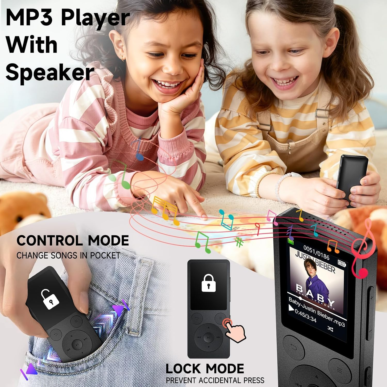 Zwei glückliche Mädchen zeigen auf ein MP3-Player-Gerät mit Tasten und einem Musikbildschirm.