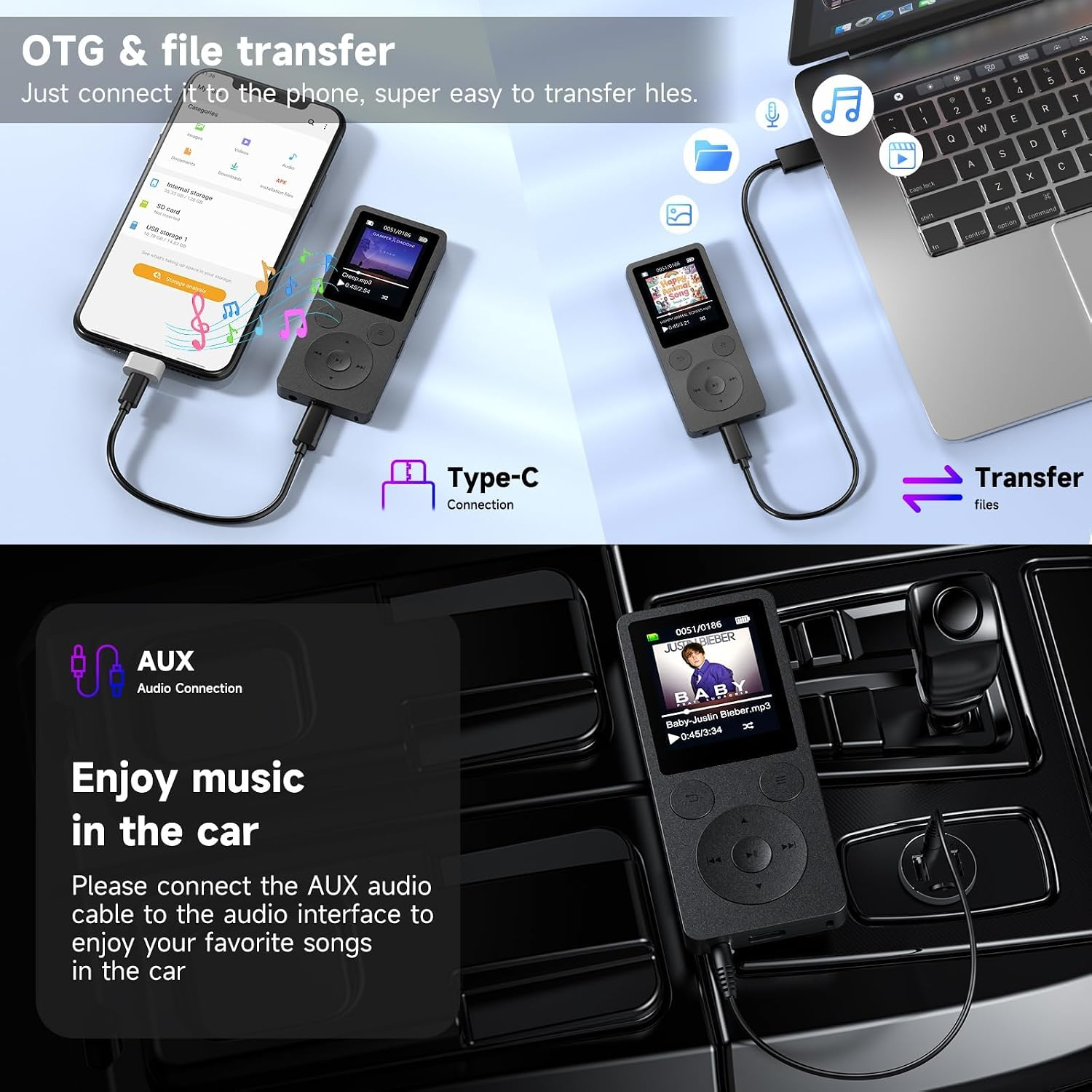 MP3-Player verbunden mit Smartphone, Laptop und im Auto für Dateiübertragung und Musik.
