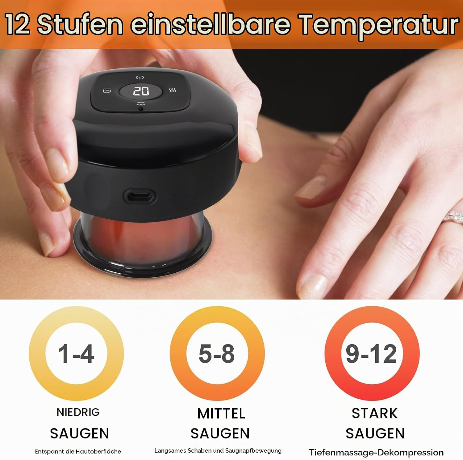 Ein schwarzes elektronisches Schröpfgerät auf einem Rücken mit 12 einstellbaren Temperaturstufen und Saugmodi.