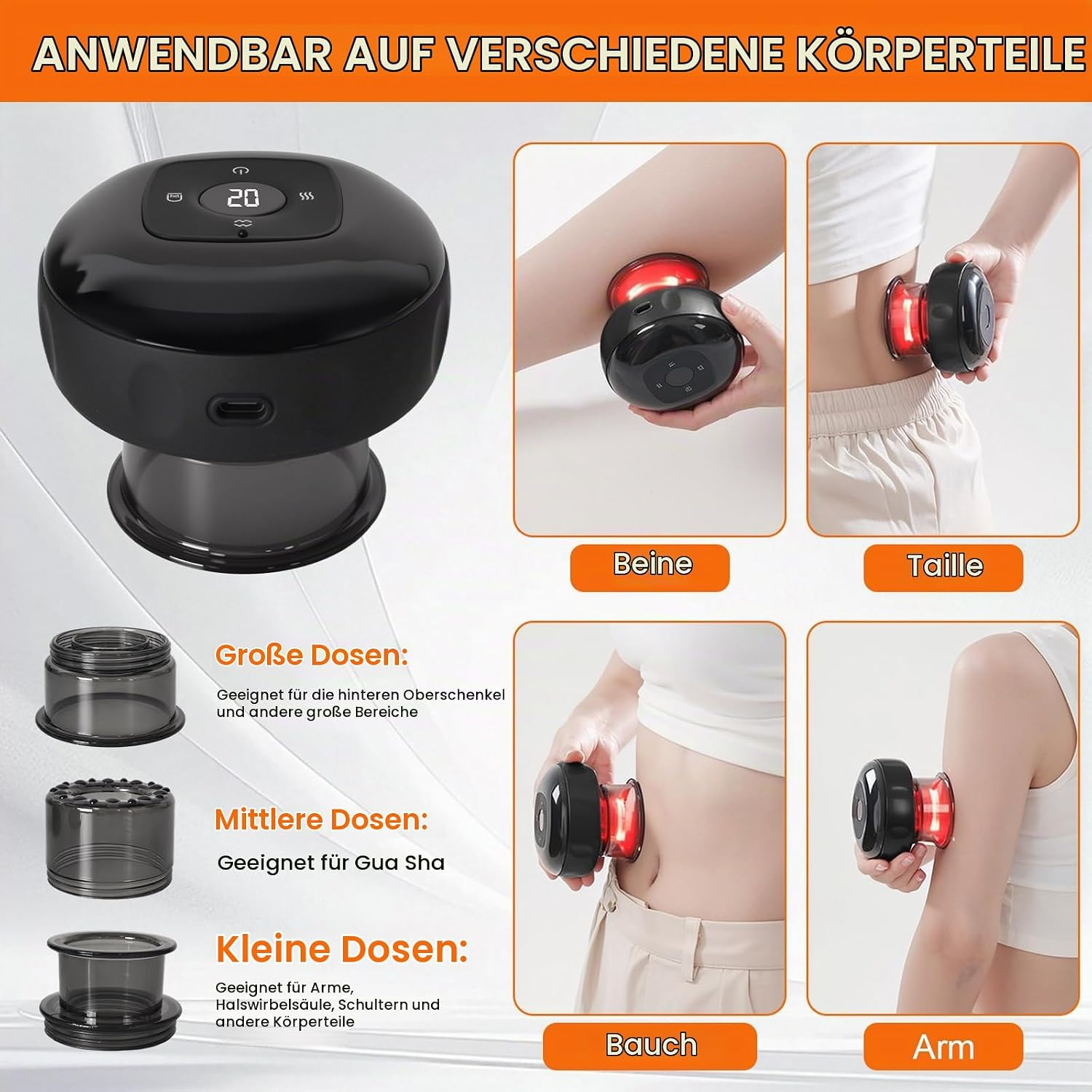 Ein schwarzes elektrisches Schröpfgerät mit rotem Licht, das an verschiedenen Körperteilen angewendet wird.