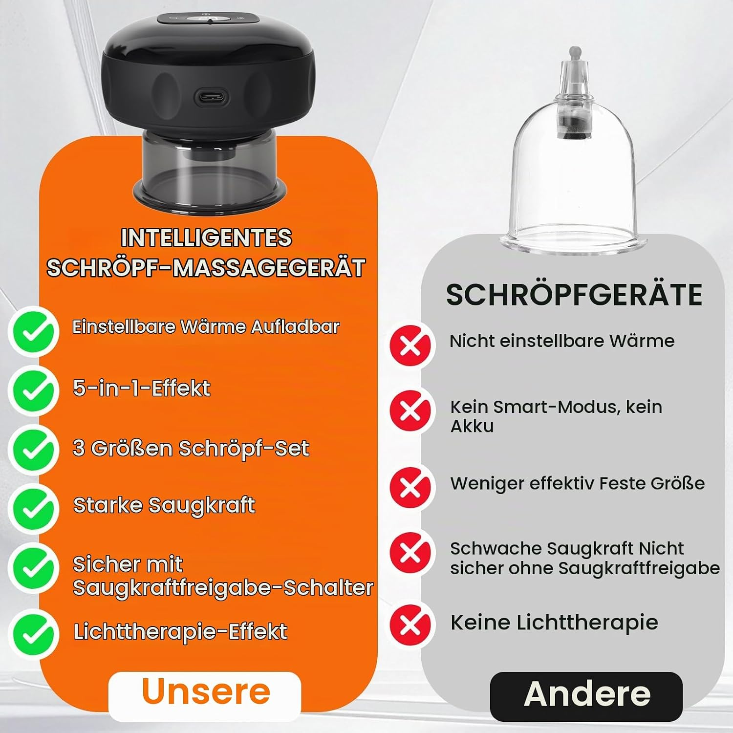 Vergleich zweier Schröpfgeräte: Ein modernes intelligentes Gerät mit Funktionen und ein herkömmliches Modell.