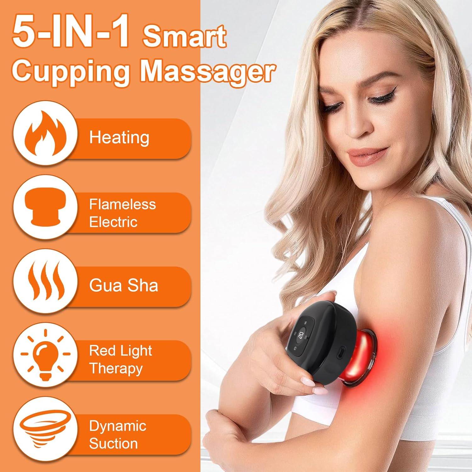 Eine Frau benutzt ein 5-in-1 Smart-Schröpfmassagegerät mit Rotlichttherapie am Arm.
