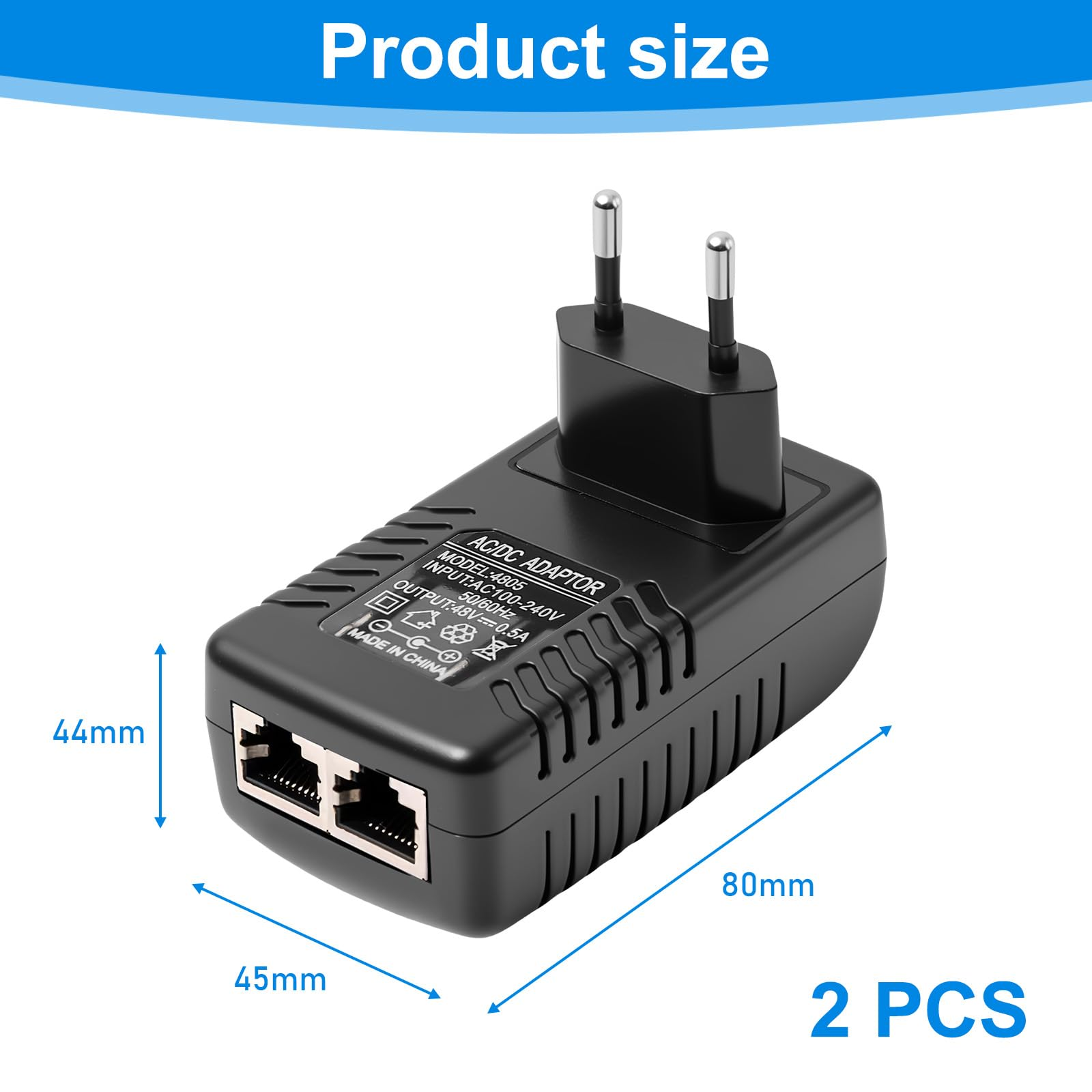 Schwarzes AC/DC-Netzteil mit zwei Ethernet-Anschlüssen, EU-Stecker und Maßangaben in Millimetern.