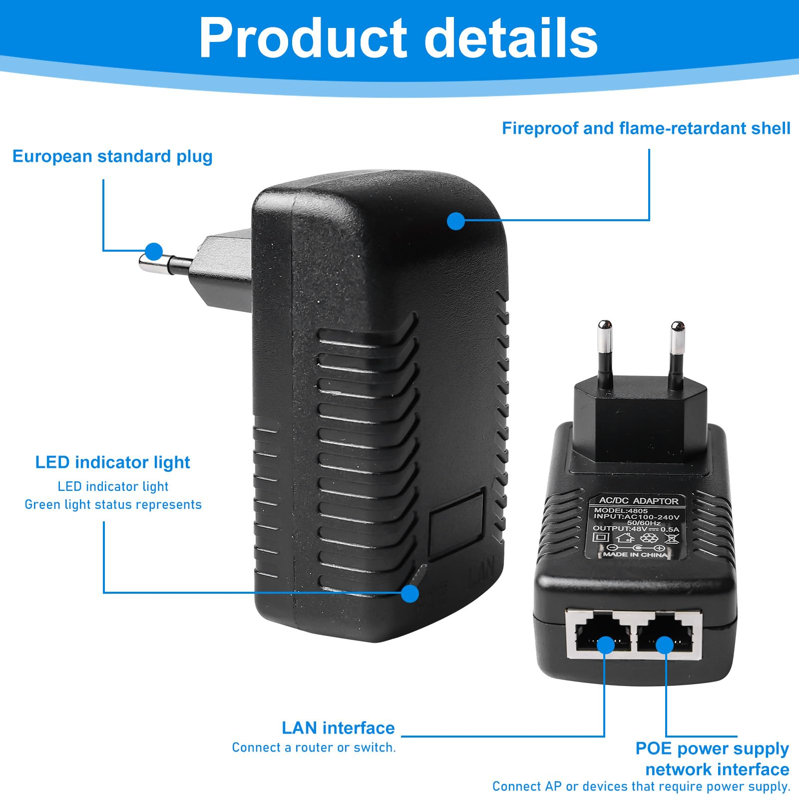 Schwarzer AC/DC-Adapter mit europäischem Stecker, LED-Anzeige, LAN-Schnittstelle und feuerfester Hülle.