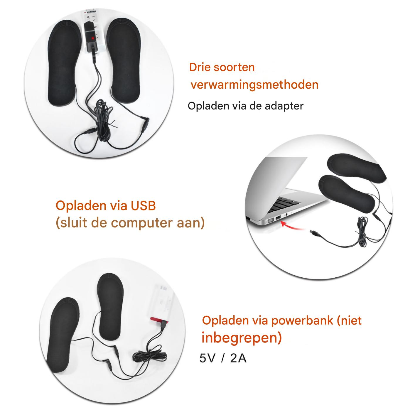 Drei Heizmethoden für schwarze Einlegesohlen: Adapter, USB-Anschluss an Laptop und Powerbank.