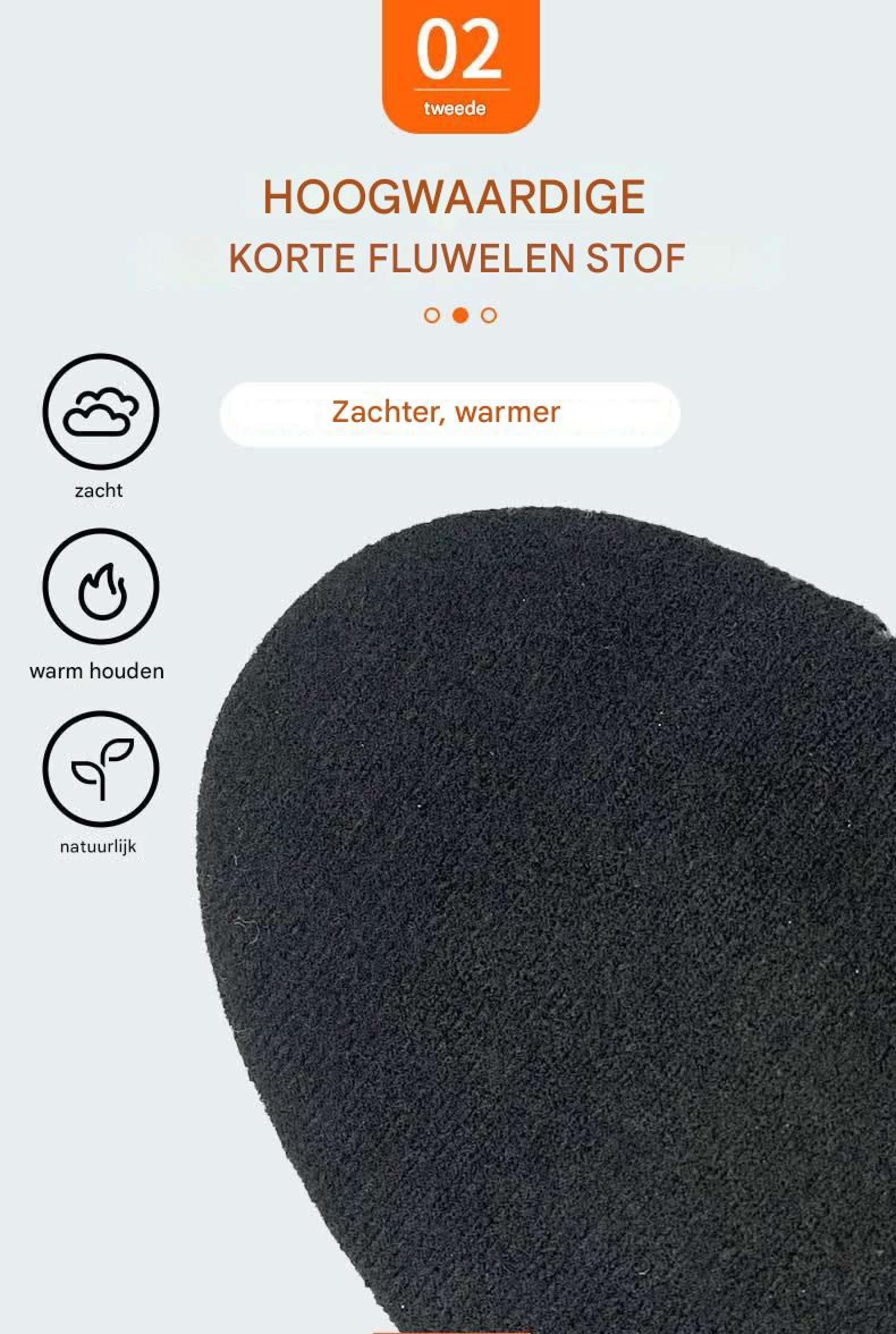 Produktwerbung für hochwertigen, kurzen Samtstoff mit Symbolen für Weichheit, Wärme und natürliche Materialien.