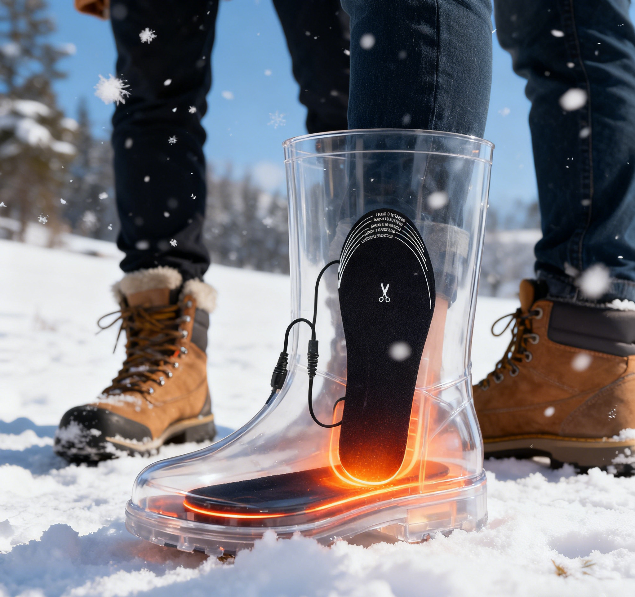 Transparenter Stiefel im Schnee mit beheizter Einlegesohle und orangem Glühen.